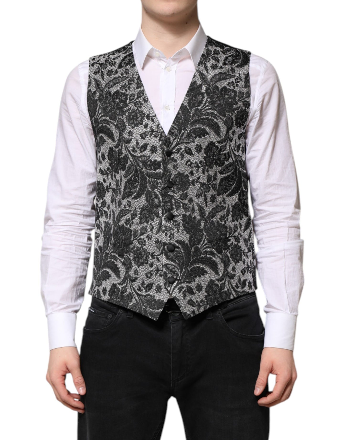 Dolce & Gabbana Schwarz Grau Brokat Formale Herren Weste