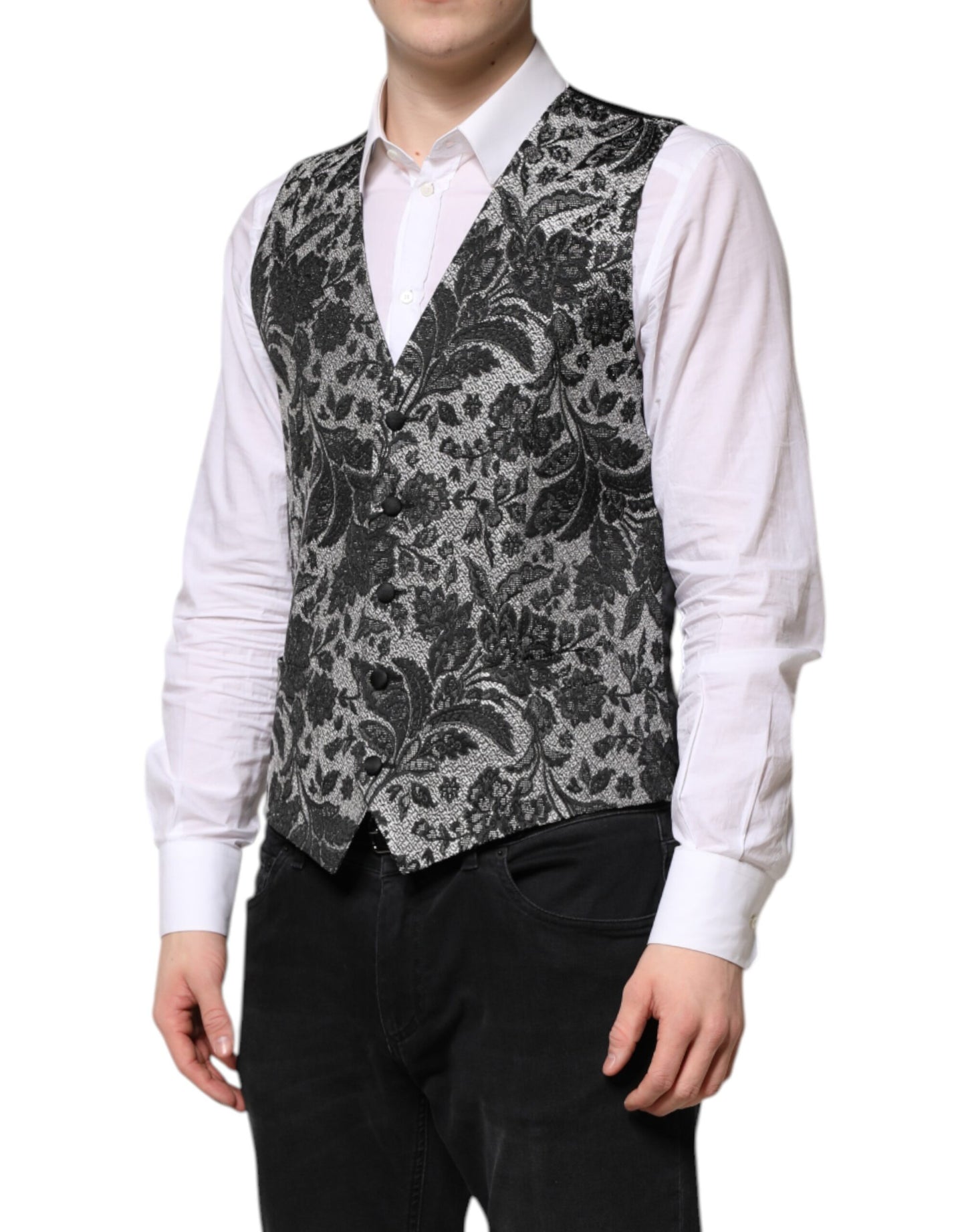 Dolce & Gabbana Schwarz Grau Brokat Formale Herren Weste