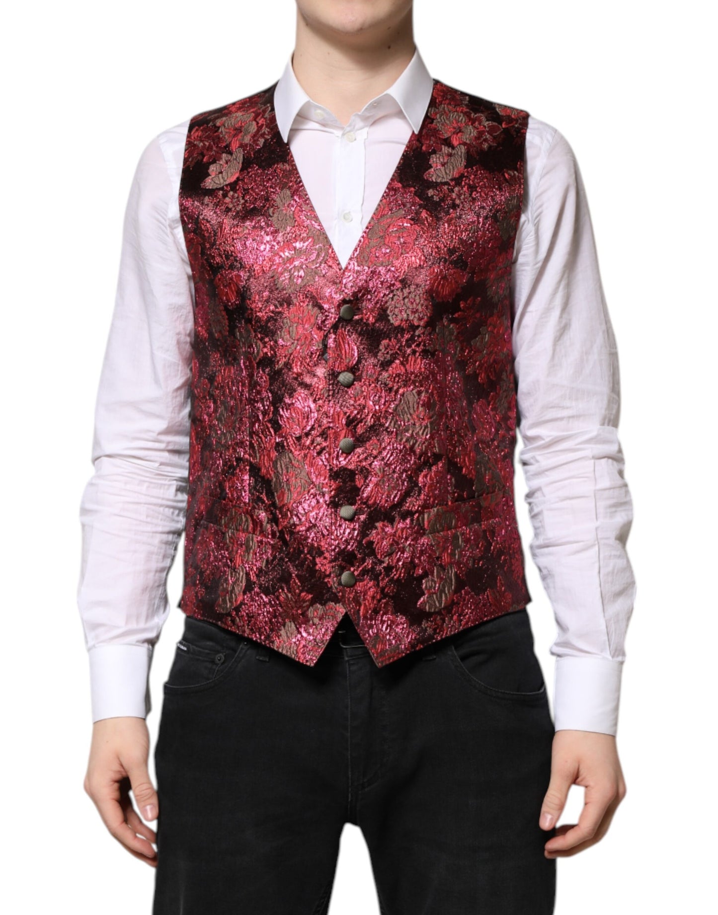 Dolce & Gabbana Rote Weste aus floralem Brokat für formelle Herren