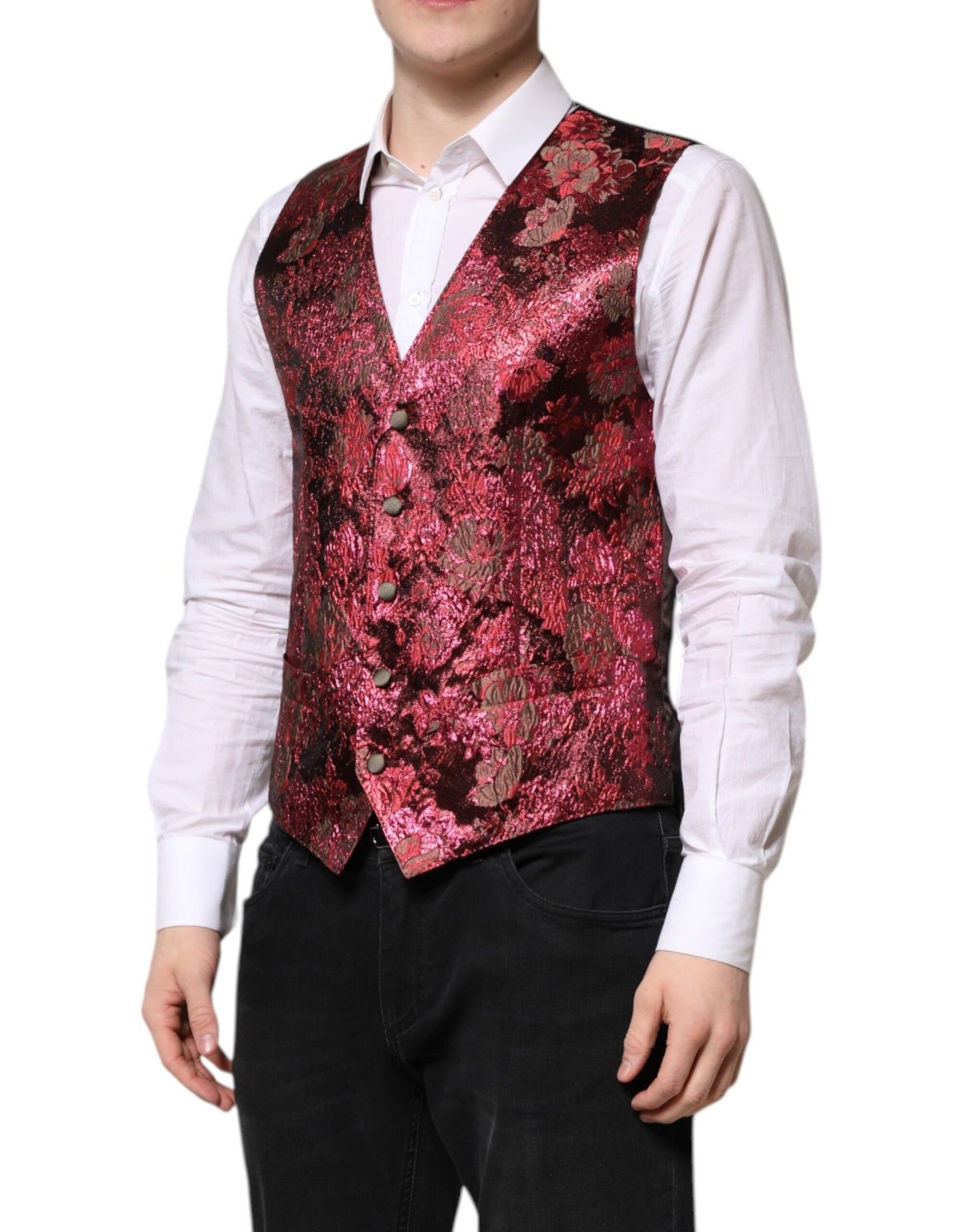 Dolce & Gabbana Rote Weste aus floralem Brokat für formelle Herren