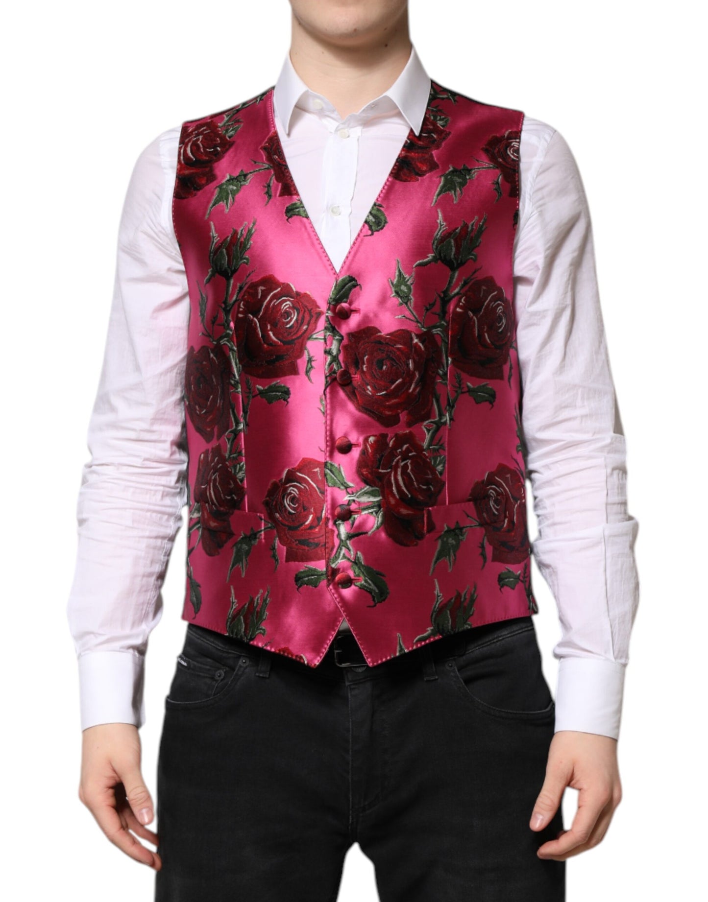 Dolce & Gabbana Rosa florale Satin-Weste für formelle Männer