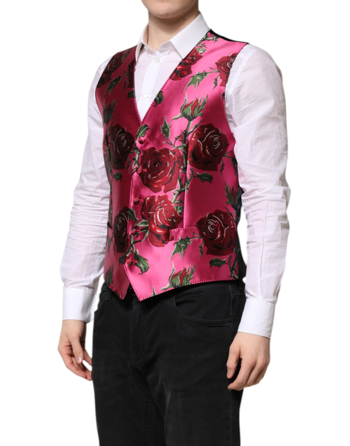 Dolce & Gabbana Rosa florale Satin-Weste für formelle Männer