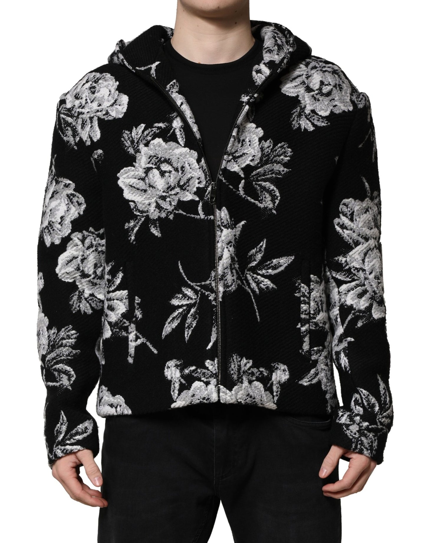 Dolce & Gabbana Schwarze Wolljacke mit Blumenmuster für Herren