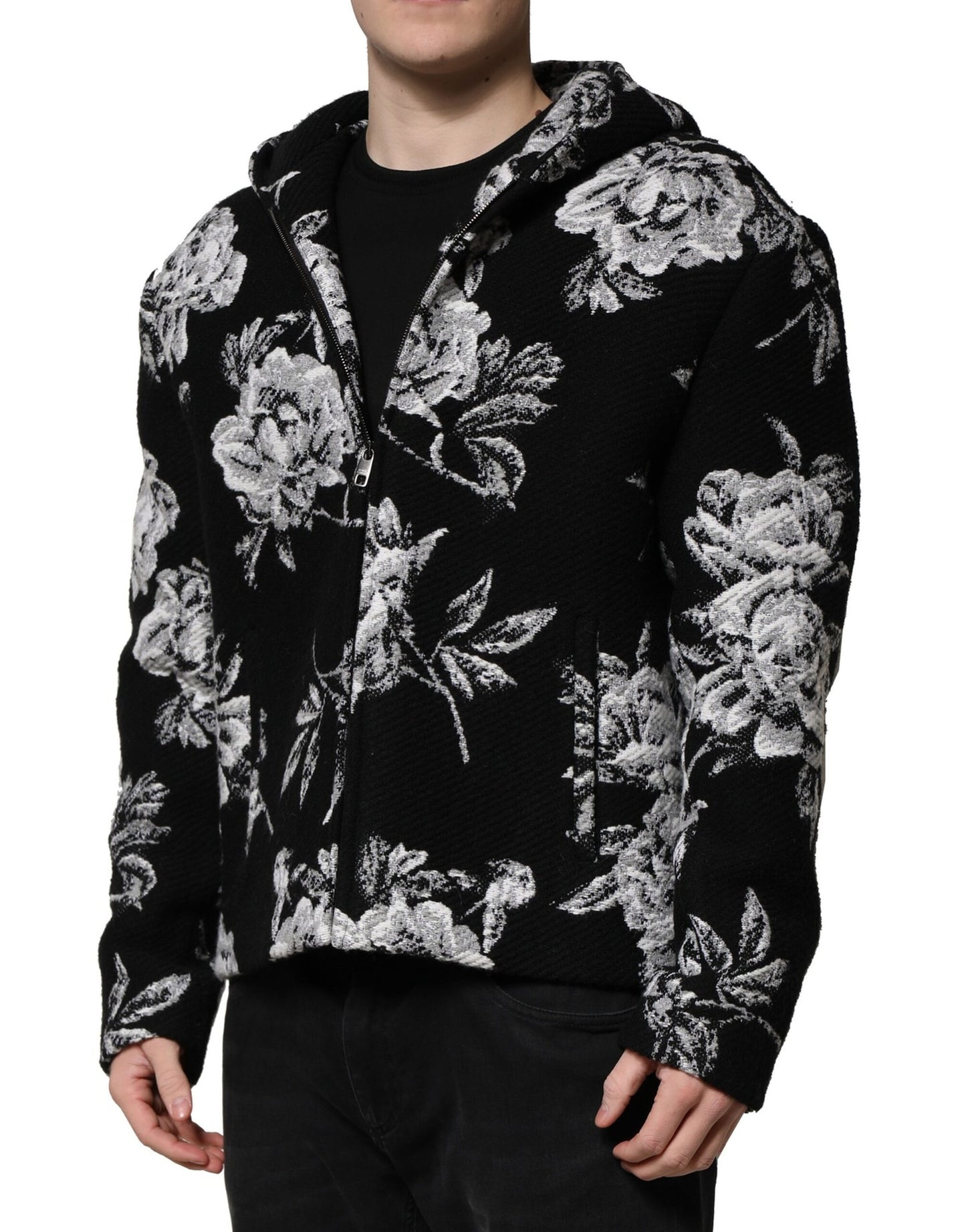 Dolce & Gabbana Schwarze Wolljacke mit Blumenmuster für Herren