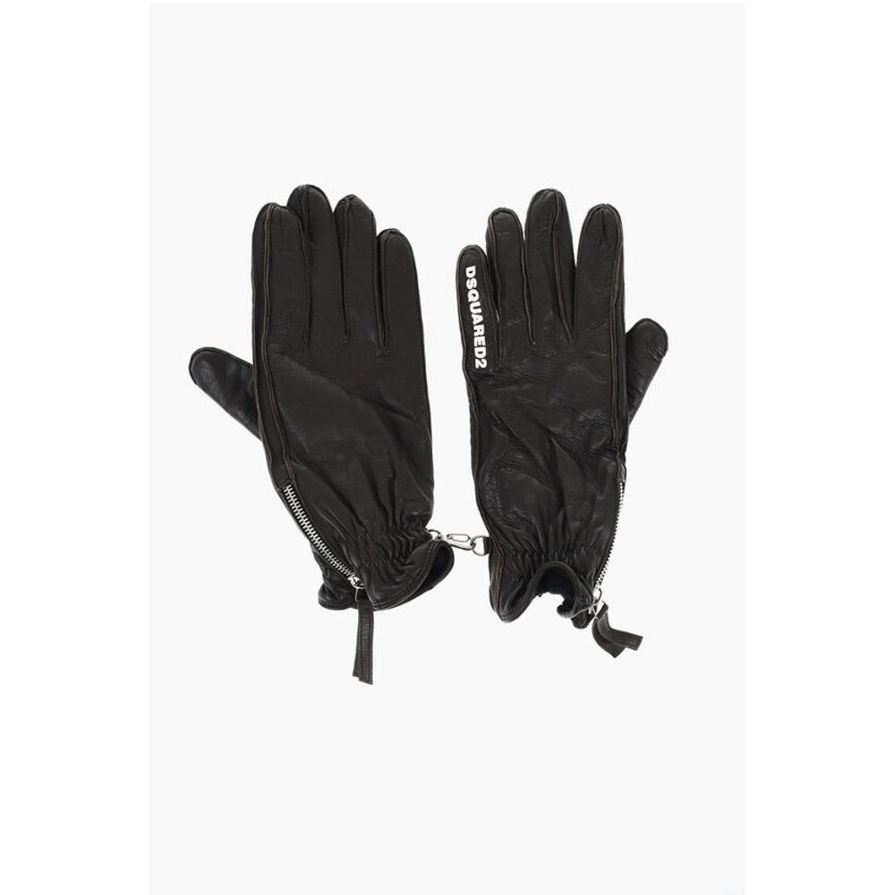 Dsquared² Leather Gloves With Half Zip and Embossed Logo