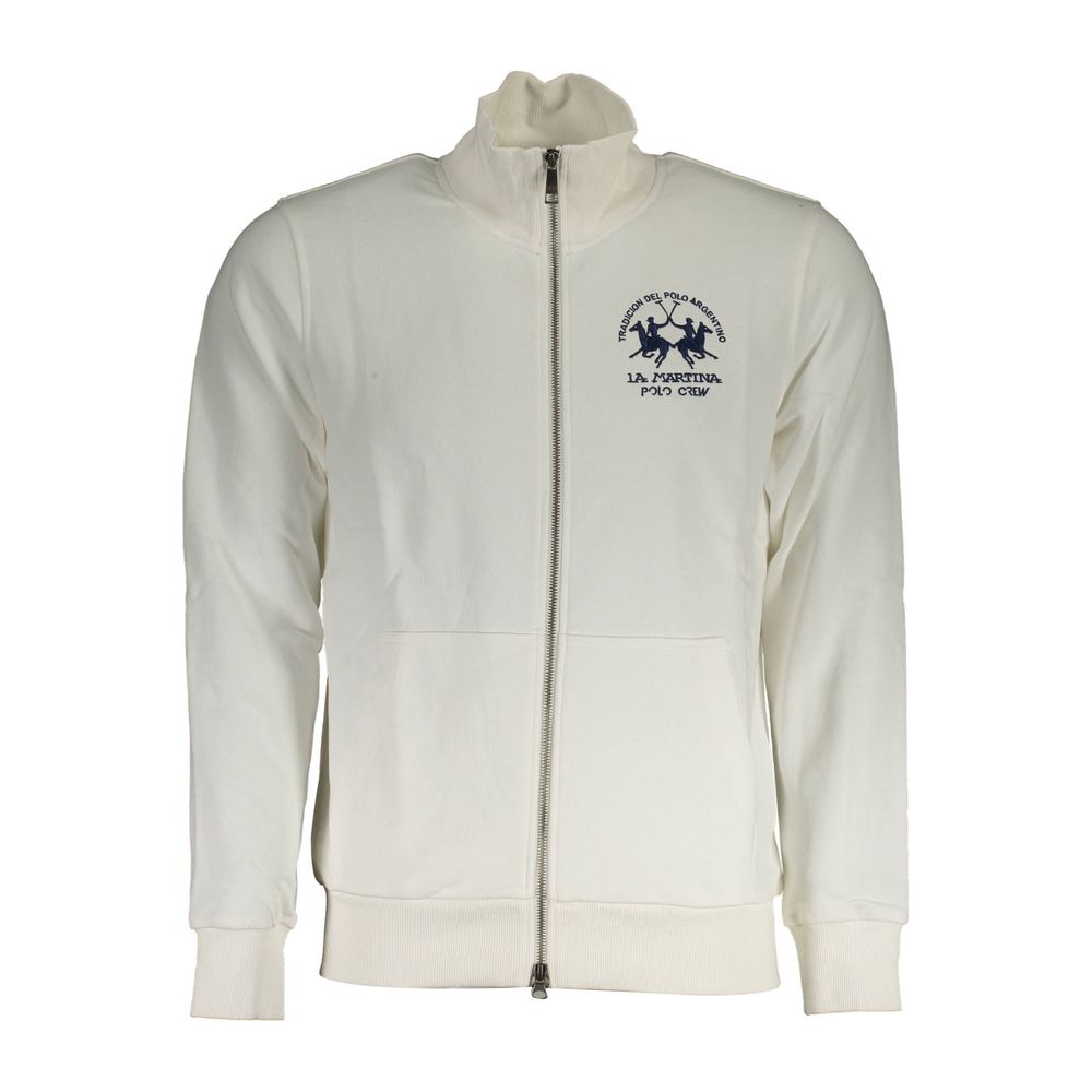 La Martina White Cotton Men Sweater With Zip and Pockets