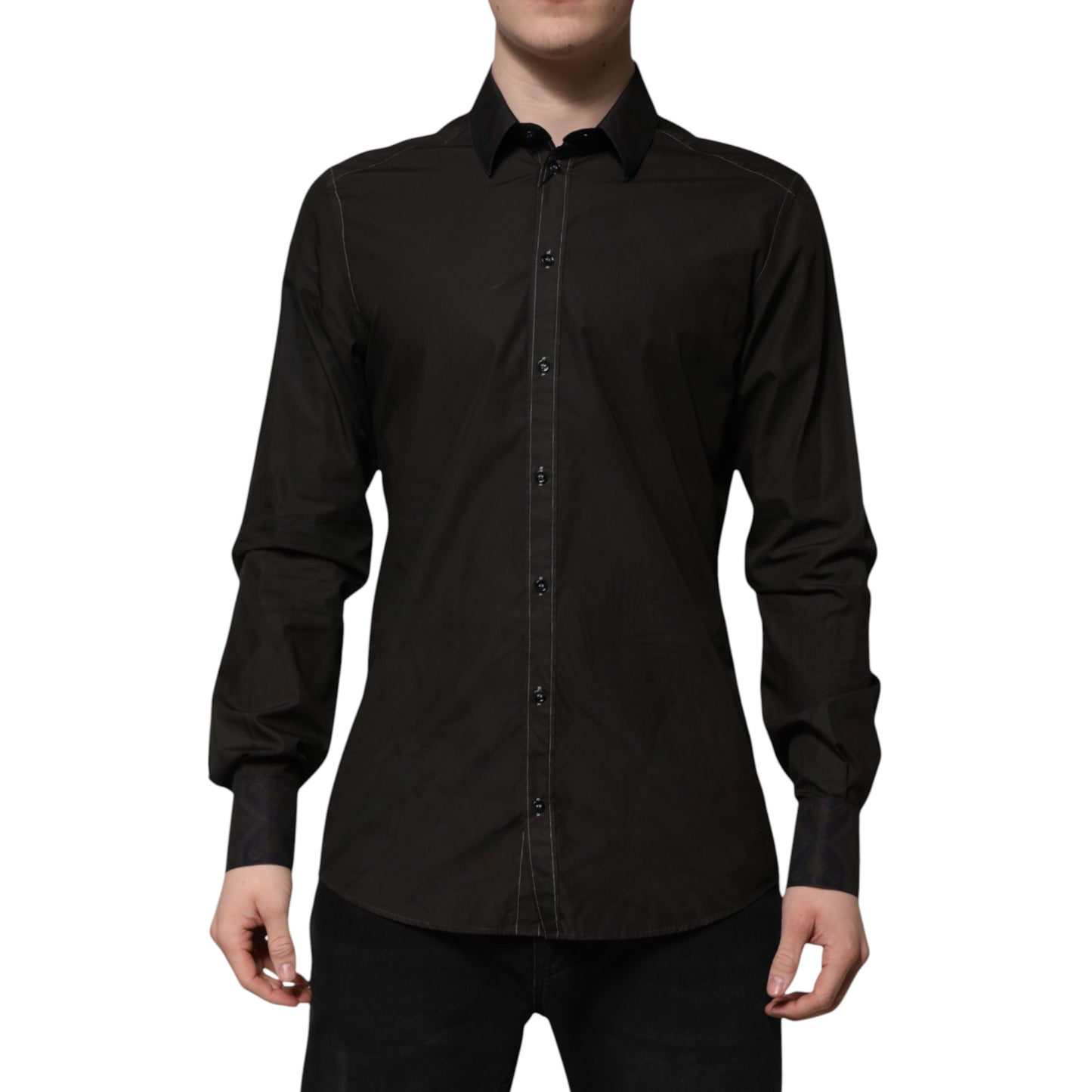 Camicia Dolce & Gabbana in cotone jacquard nero con colletto ORO