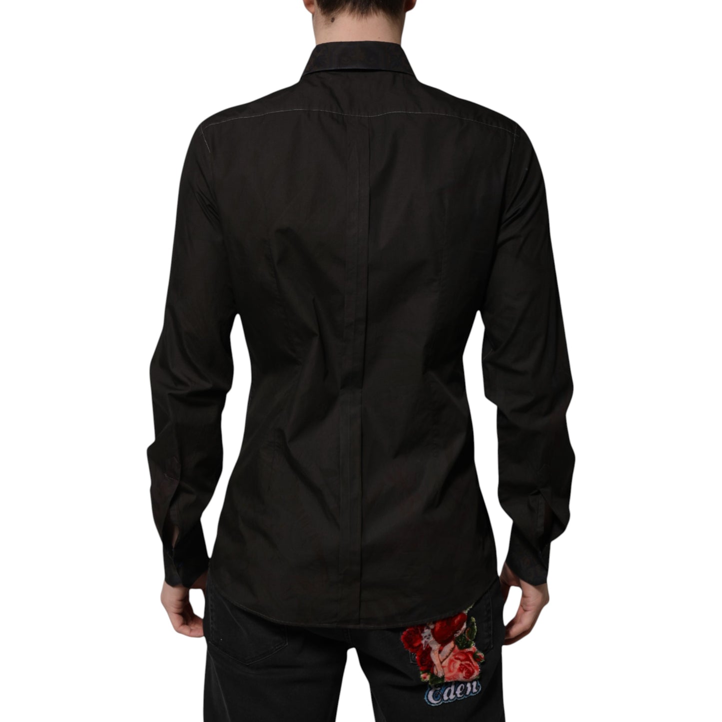 Camicia Dolce & Gabbana in cotone jacquard nero con colletto ORO