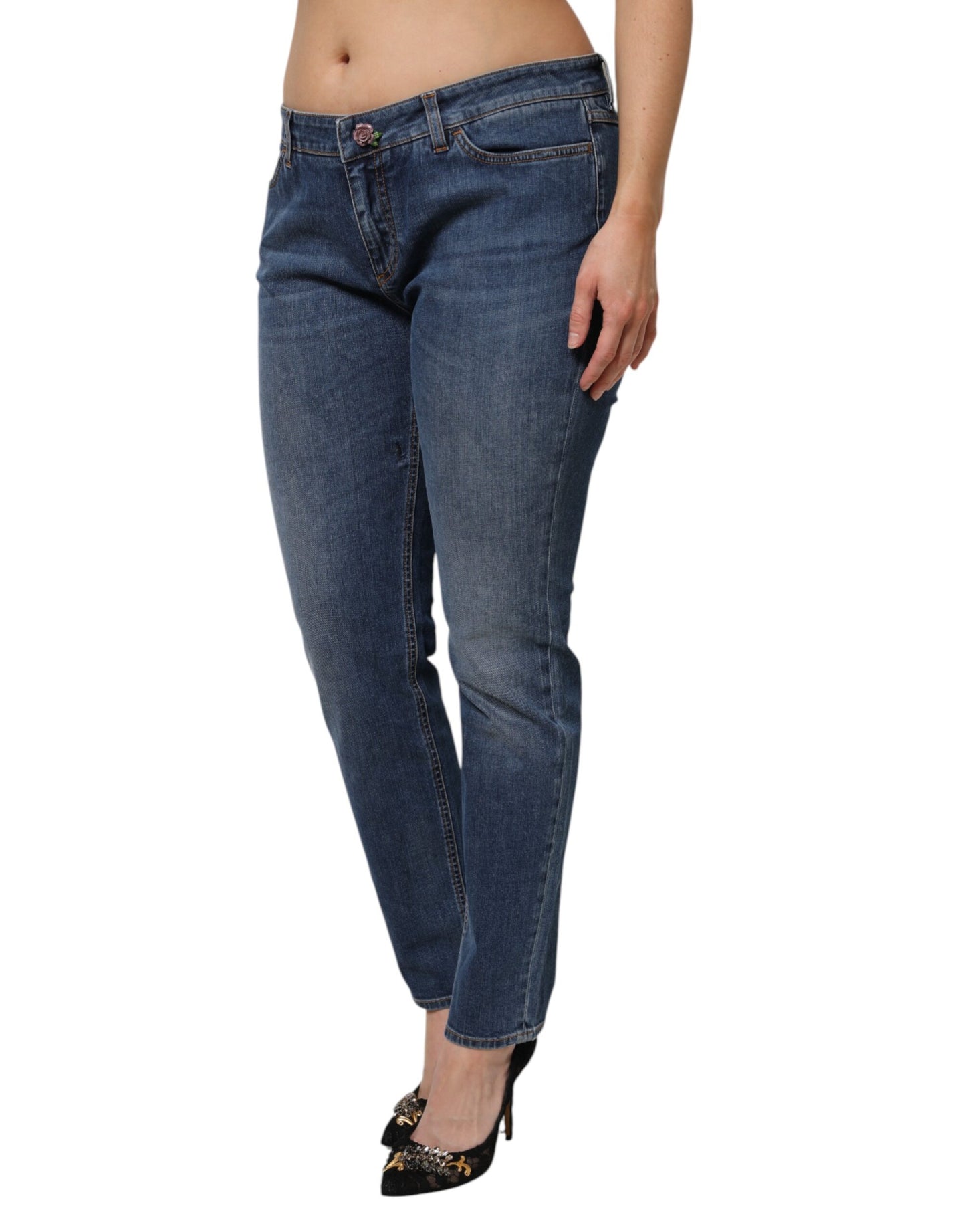 Jeans skinny in denim di cotone a vita bassa blu Dolce & Gabbana