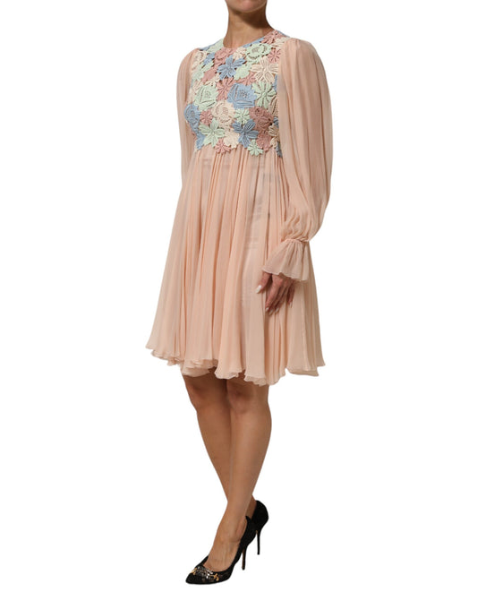 Dolce & Gabbana Pink Floral Embroidery Pleated A-line Dress