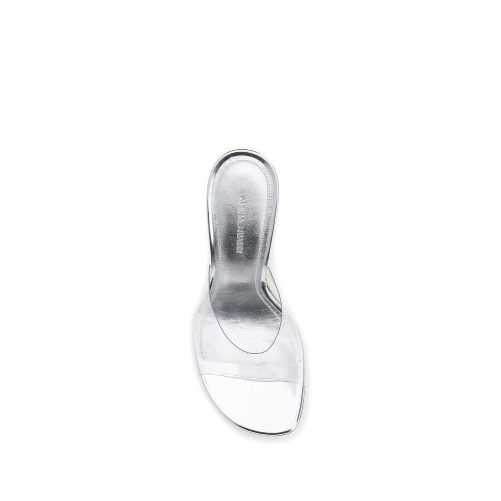Amina Muaddi Silver Calf Leather Bos Taurus Stiletto Heel Sandals