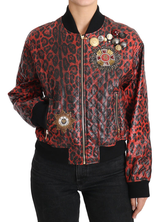 Dolce &amp; Gabbana Rote Bomber-Lederjacke mit Leopardenmuster und Kristallknöpfen