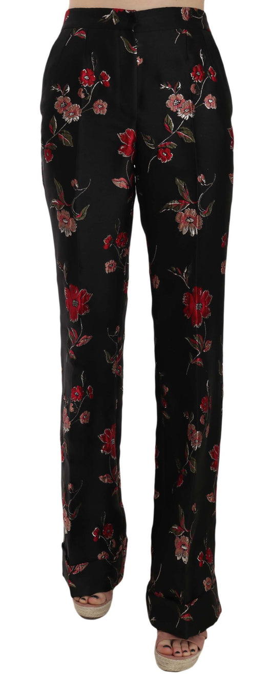 Dolce &amp; Gabbana Floral Print Black Boot Cut Trouser Pants