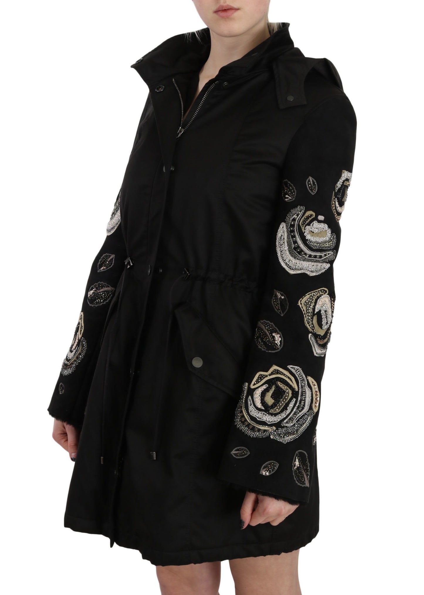 John Richmond Elegante schwarze Parka-Jacke mit Perlen für Damen