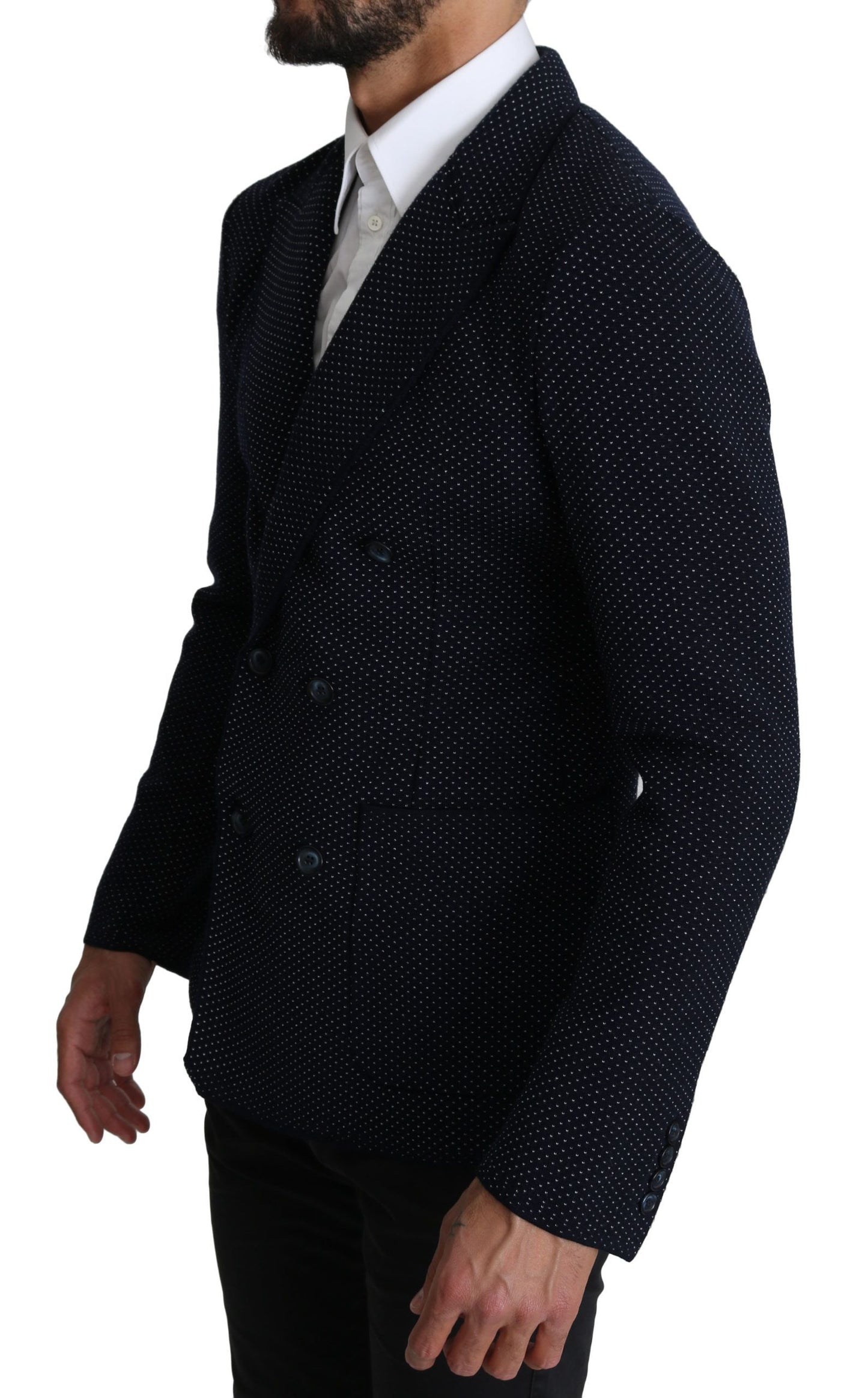 Dolce &amp; Gabbana Dark Blue Dotted Double Breasted Coat Blazer