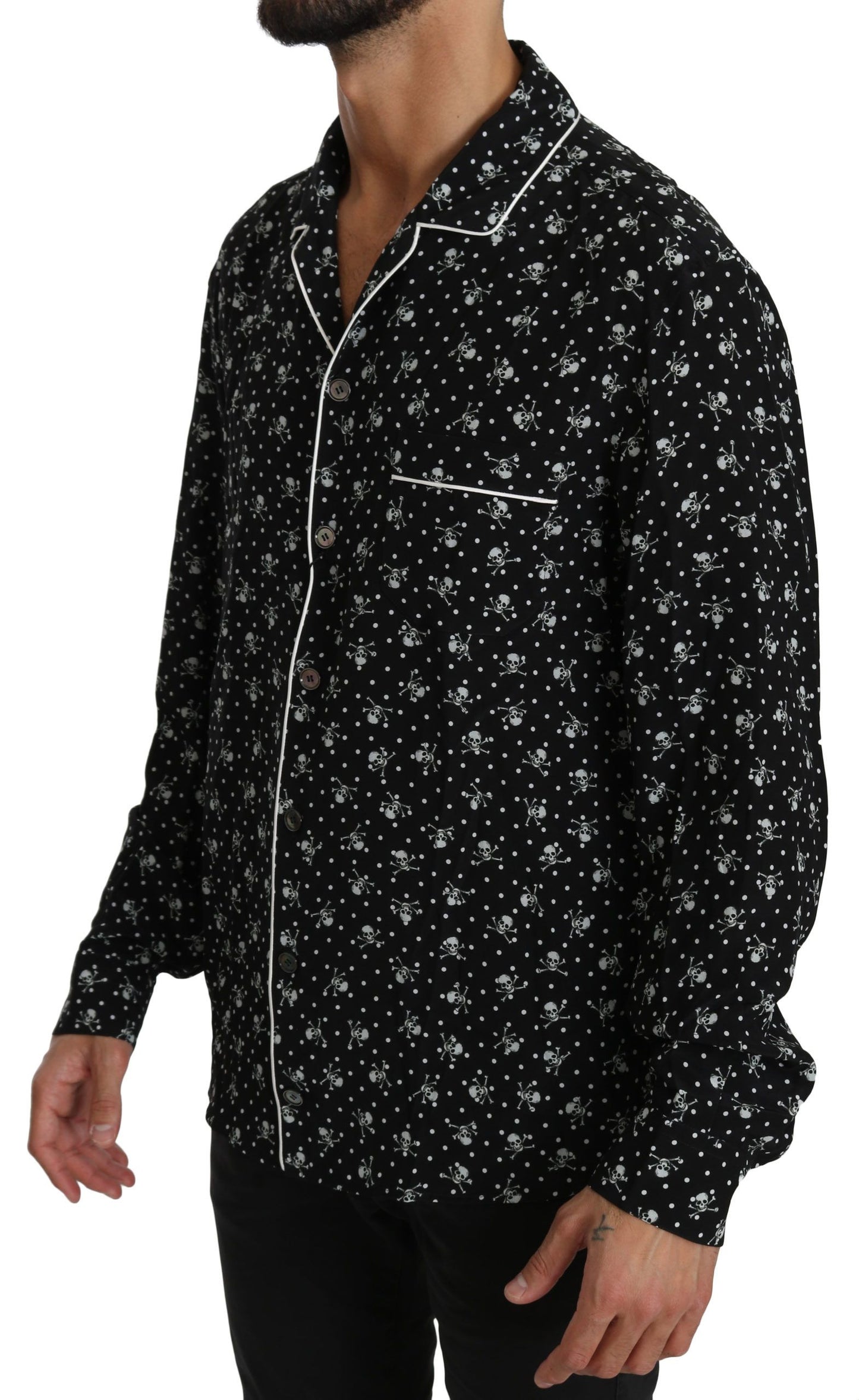 Dolce &amp; Gabbana – Elegantes Pyjama-Hemd aus Seide mit Totenkopf-Print