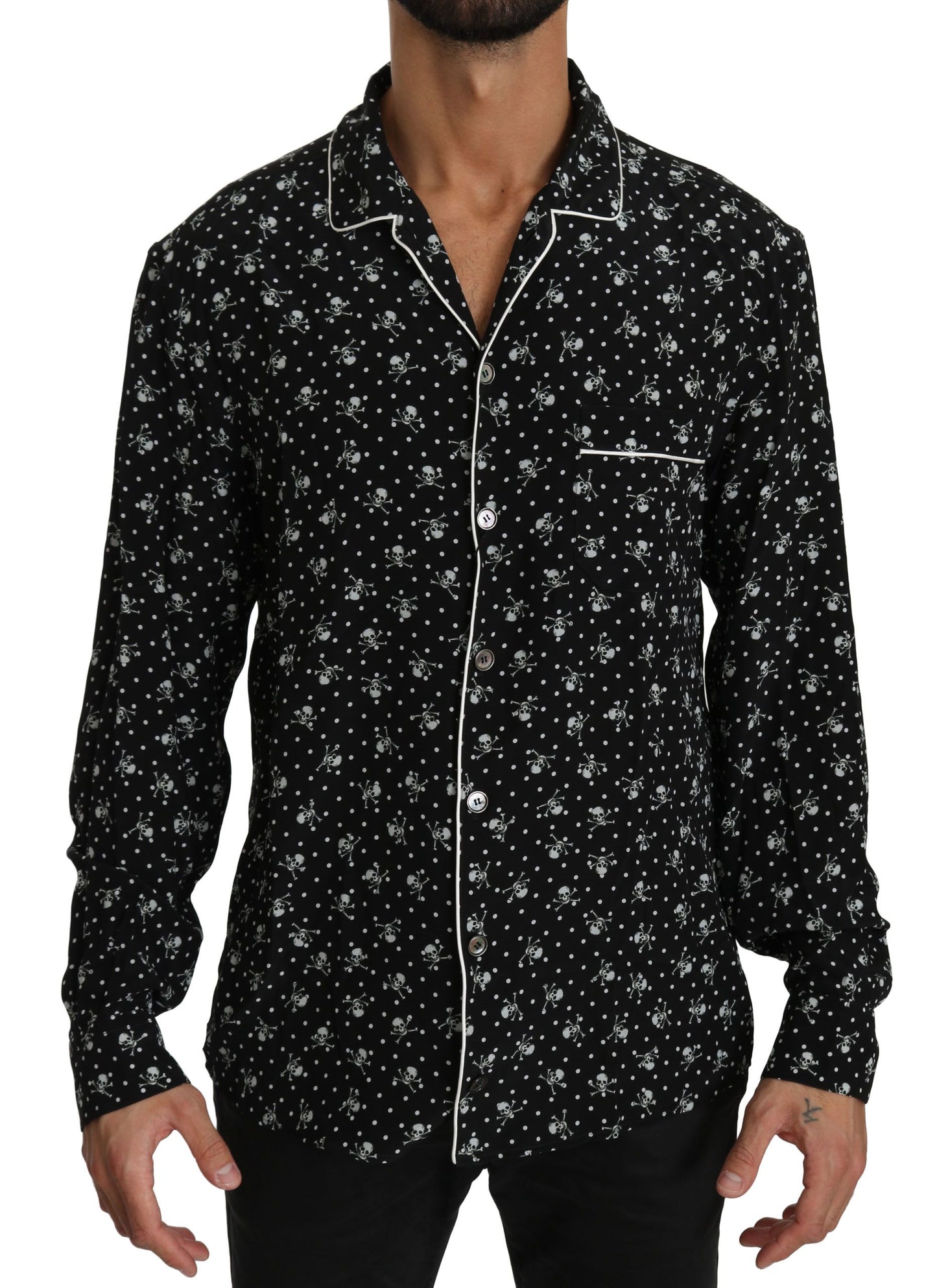 Dolce &amp; Gabbana – Elegantes Pyjama-Hemd aus Seide mit Totenkopf-Print