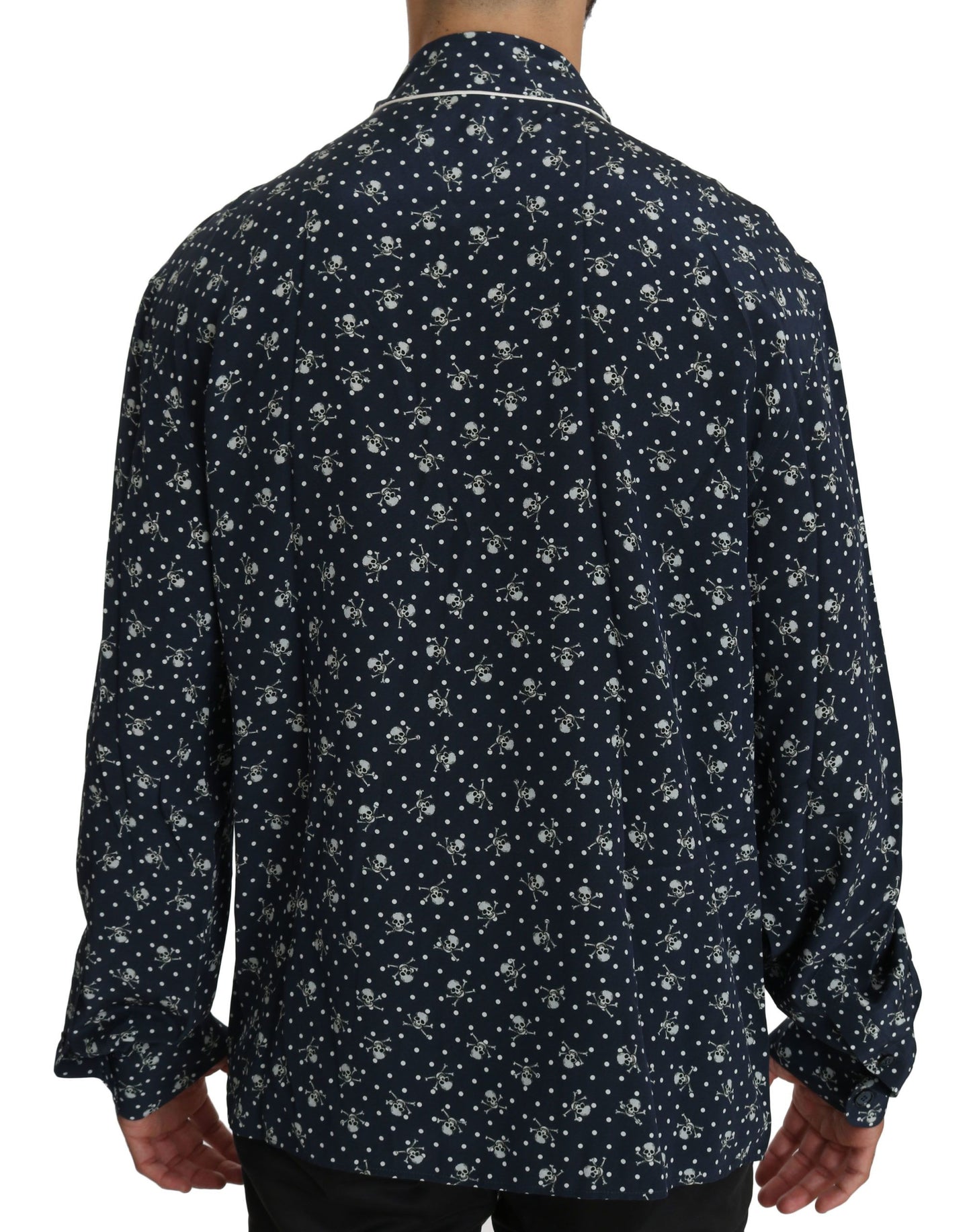 Dolce &amp; Gabbana Blue Skull Print Silk Top Sleepwear Shirt