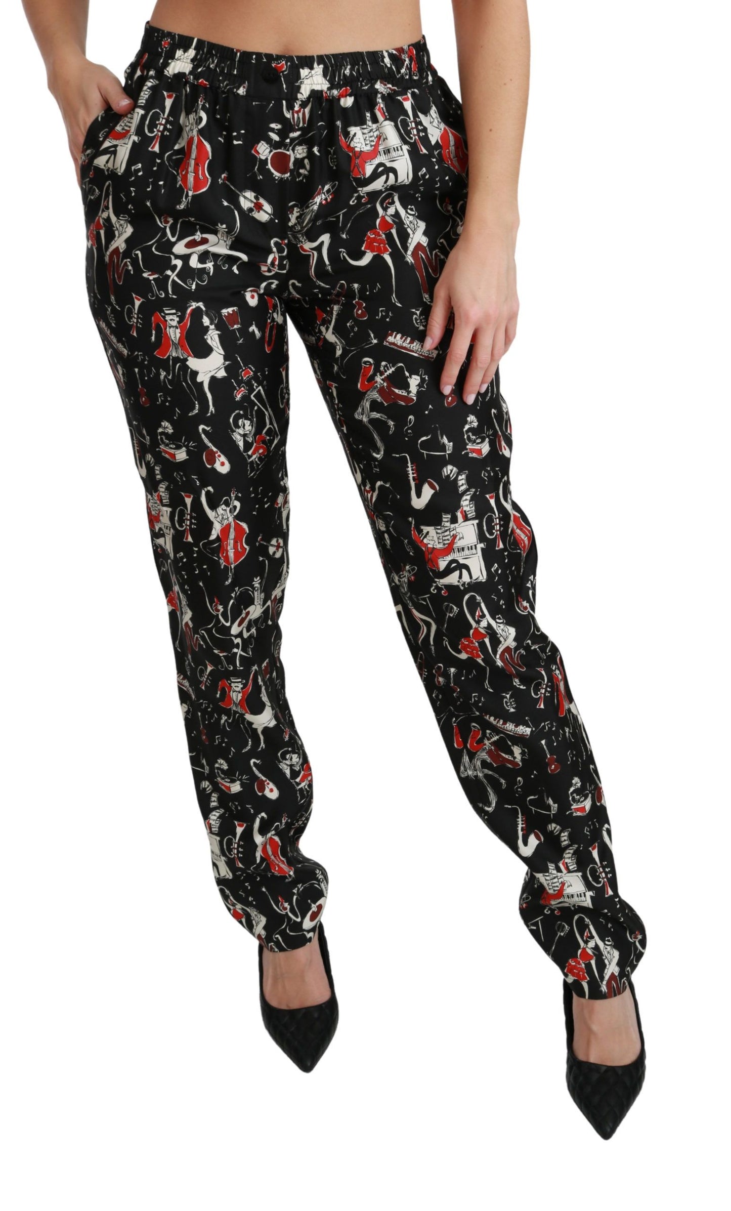 Dolce &amp; Gabbana Black Silk Instrument Mid Waist Pants