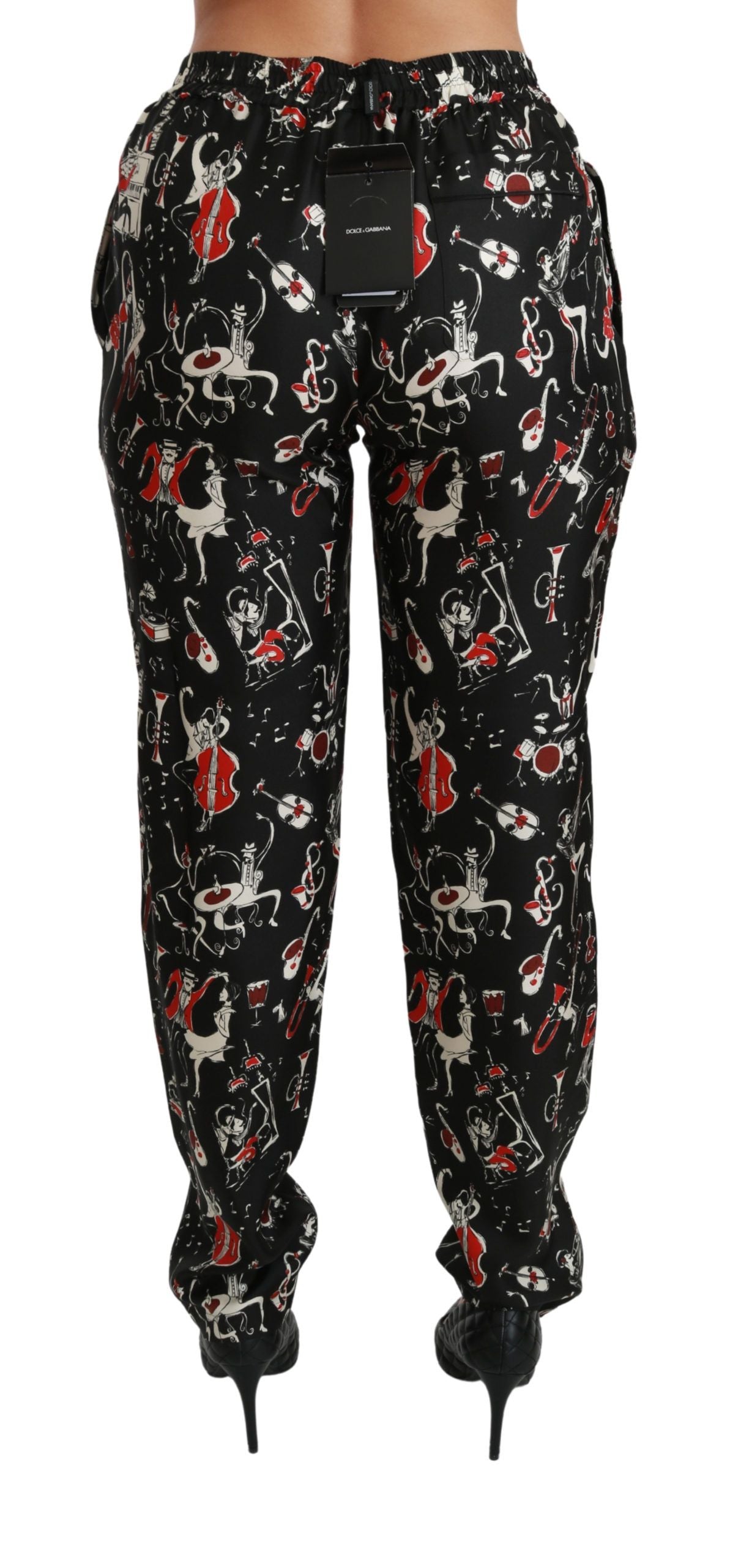 Dolce &amp; Gabbana Black Silk Instrument Mid Waist Pants