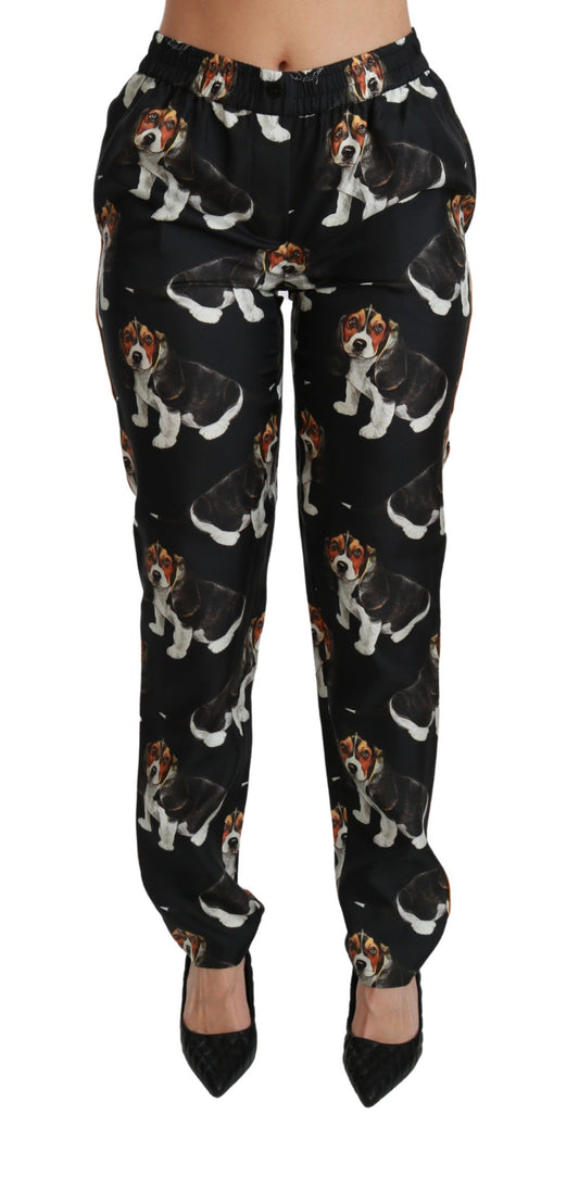 Pantaloni eleganti in seta con stampa di cuccioli di cane Dolce &amp; Gabbana