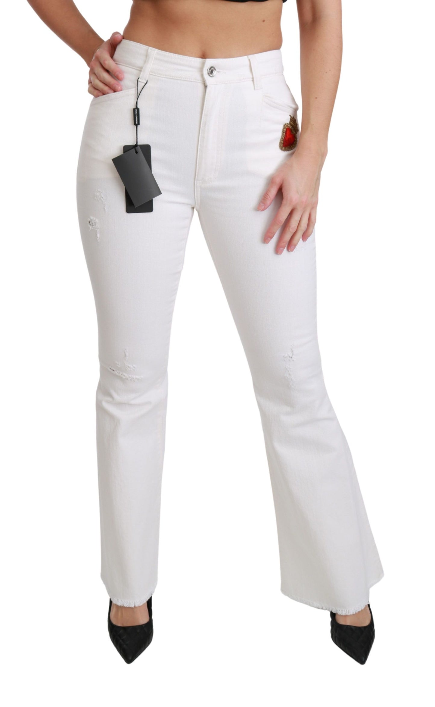 Dolce &amp; Gabbana White Heart Flared Stretch Cotton Pants