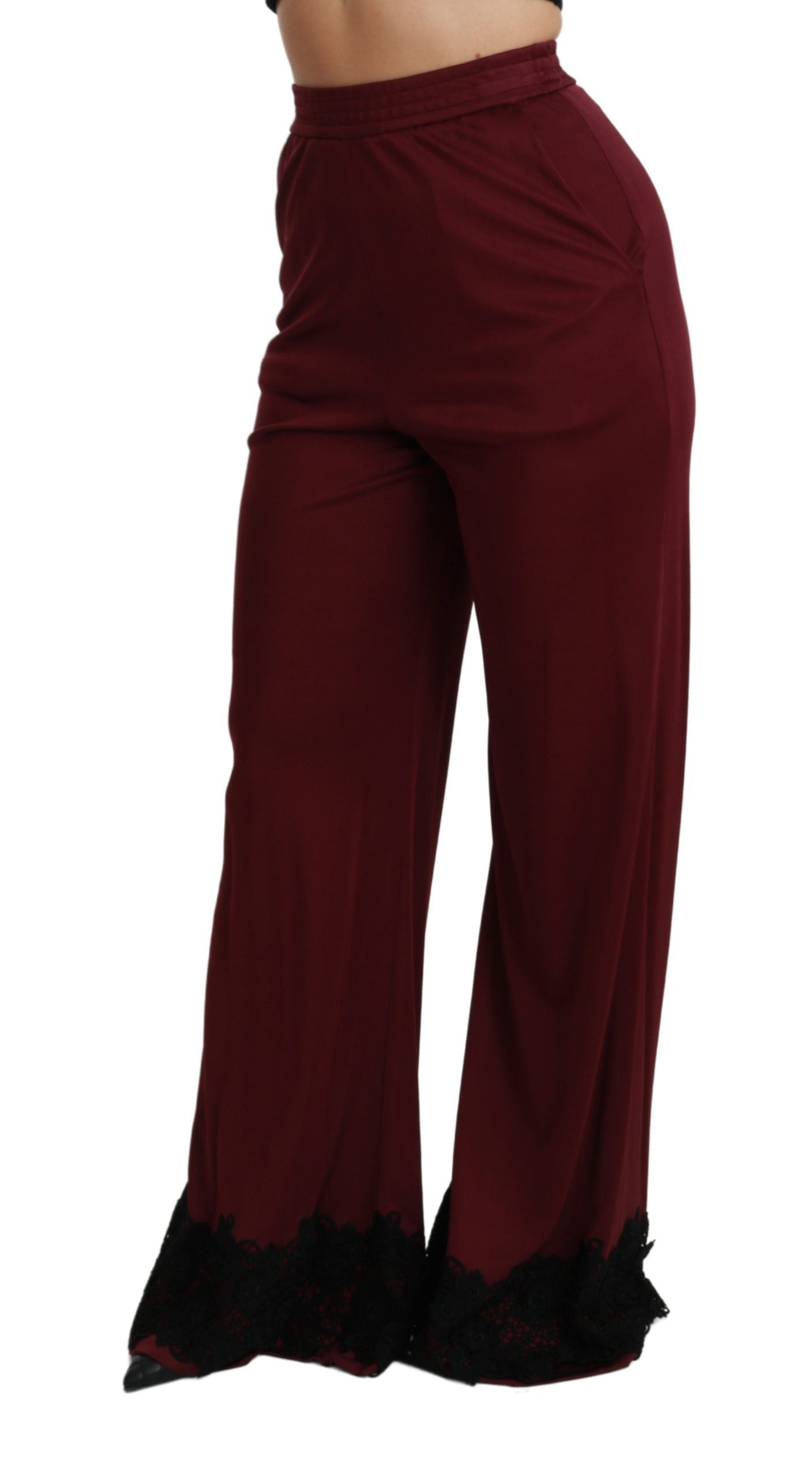 Dolce &amp; Gabbana Black Lace High Waist Wide Leg Maroon Pants