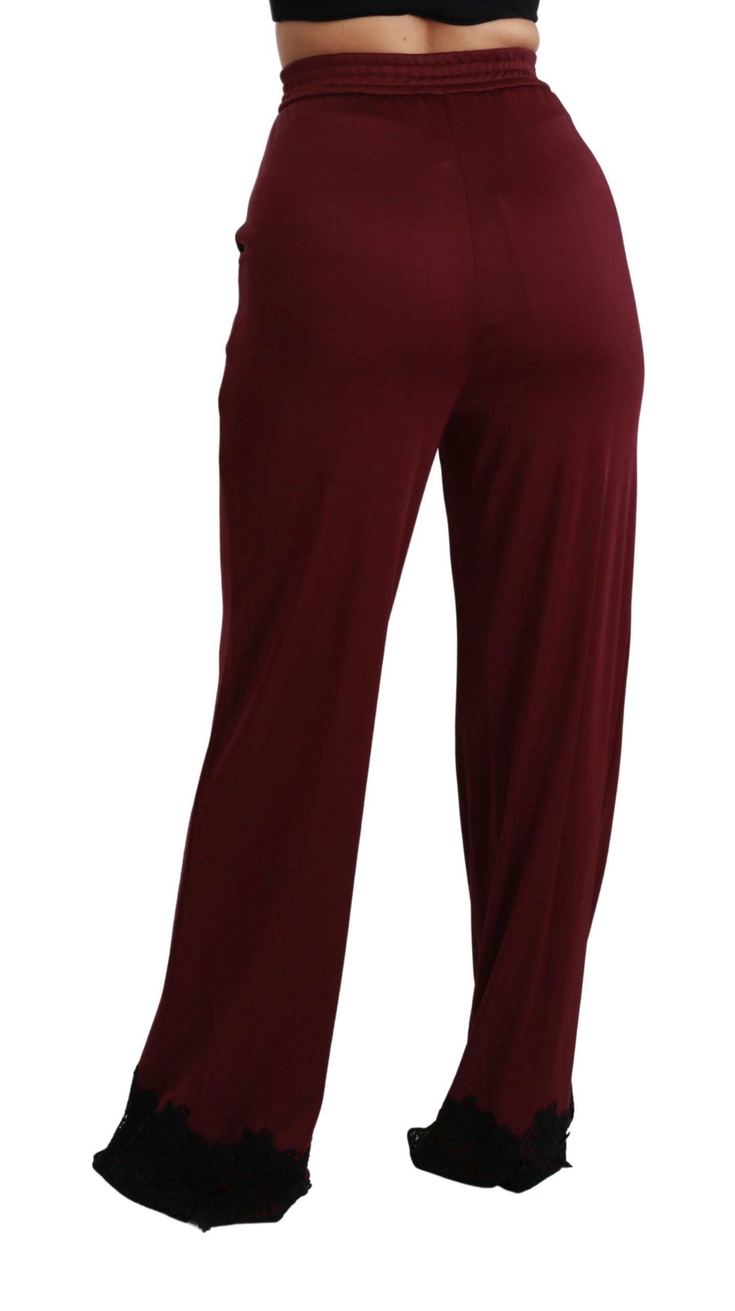 Dolce &amp; Gabbana Black Lace High Waist Wide Leg Maroon Pants