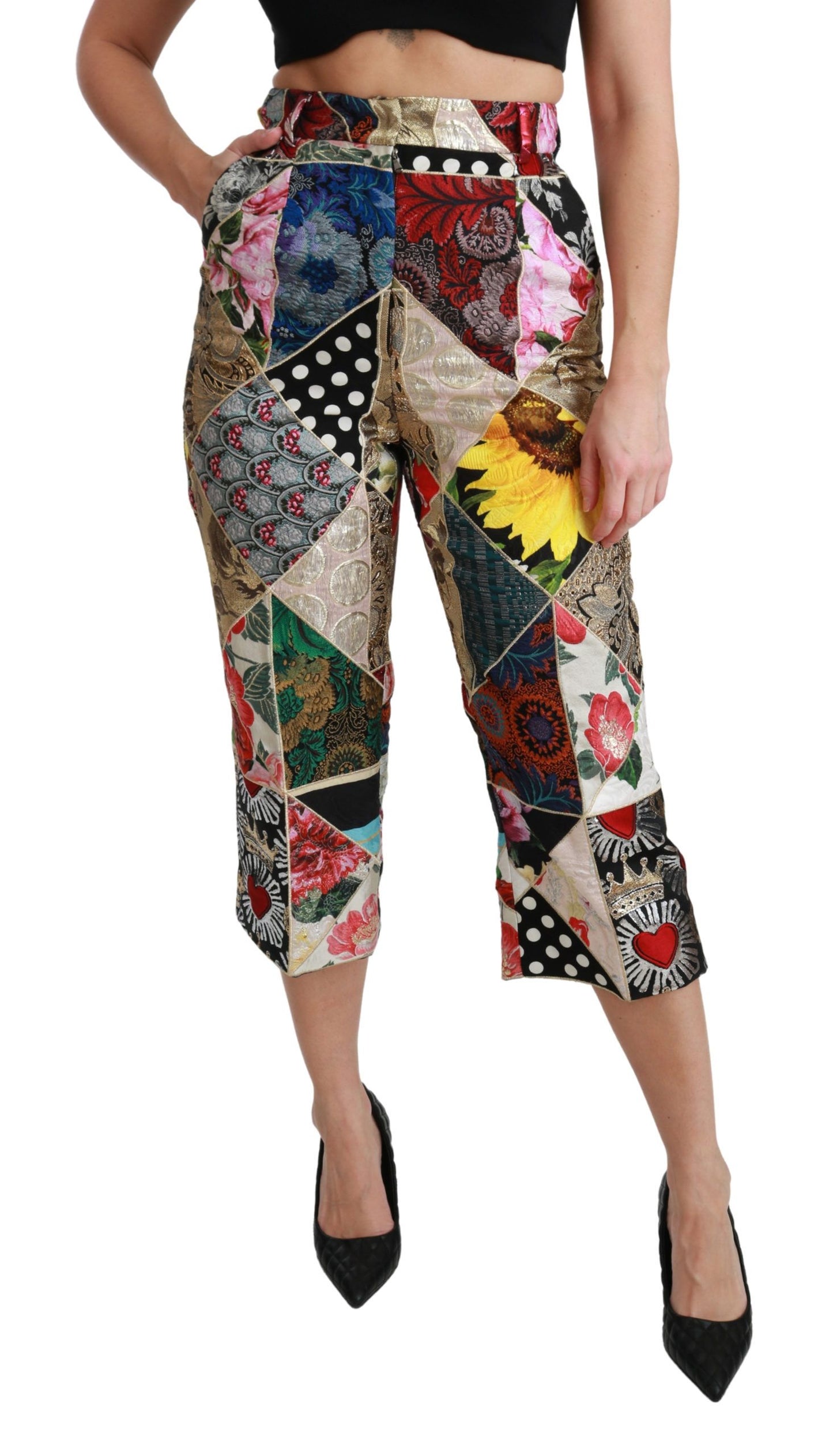 Dolce &amp; Gabbana Silk Multicolor Print High Waist Cropped Pants