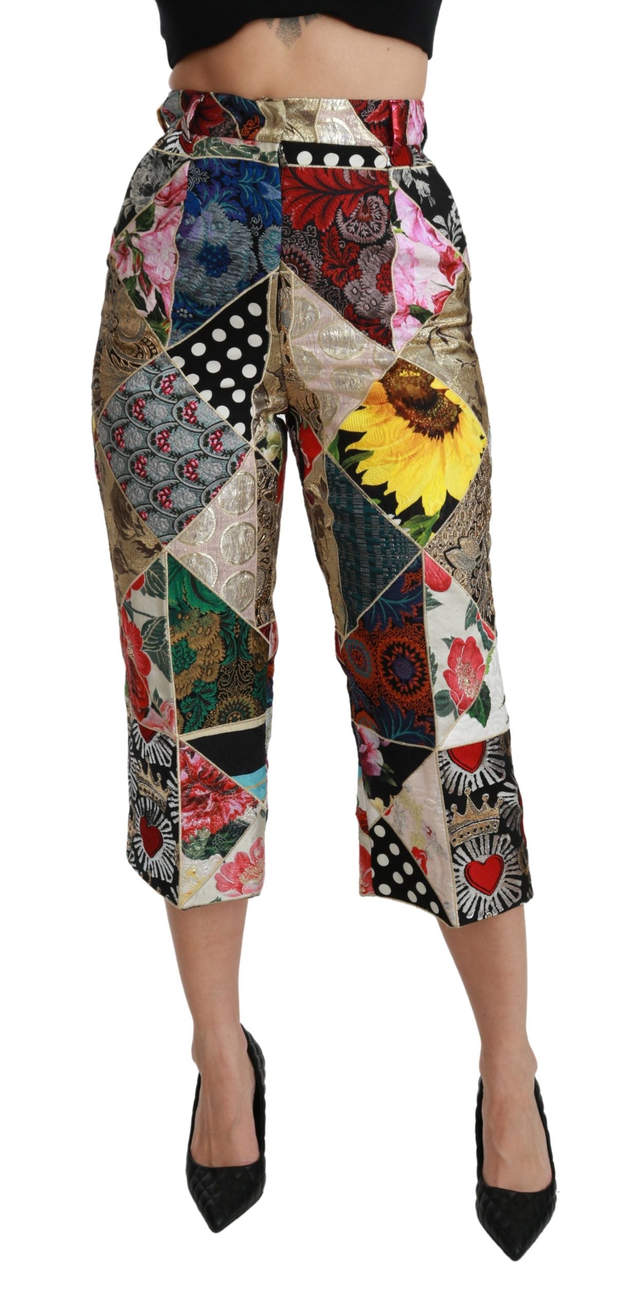 Dolce &amp; Gabbana Silk Multicolor Print High Waist Cropped Pants