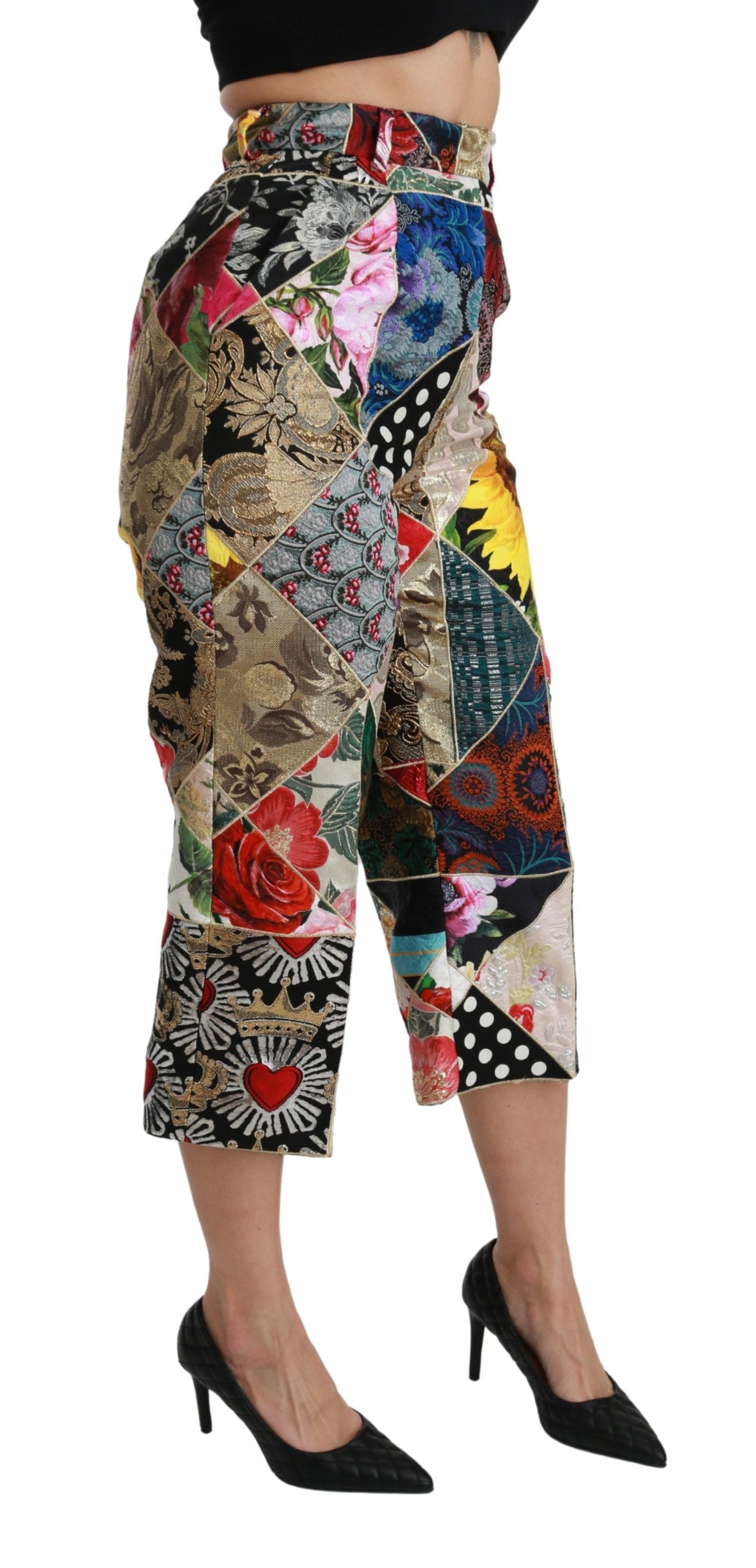 Dolce &amp; Gabbana Silk Multicolor Print High Waist Cropped Pants