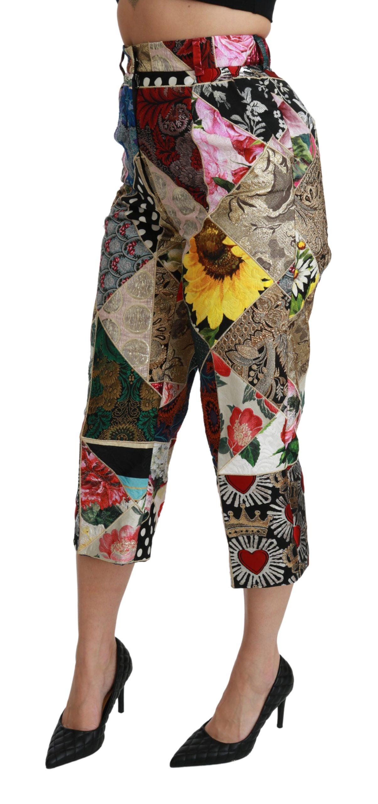 Dolce &amp; Gabbana Silk Multicolor Print High Waist Cropped Pants