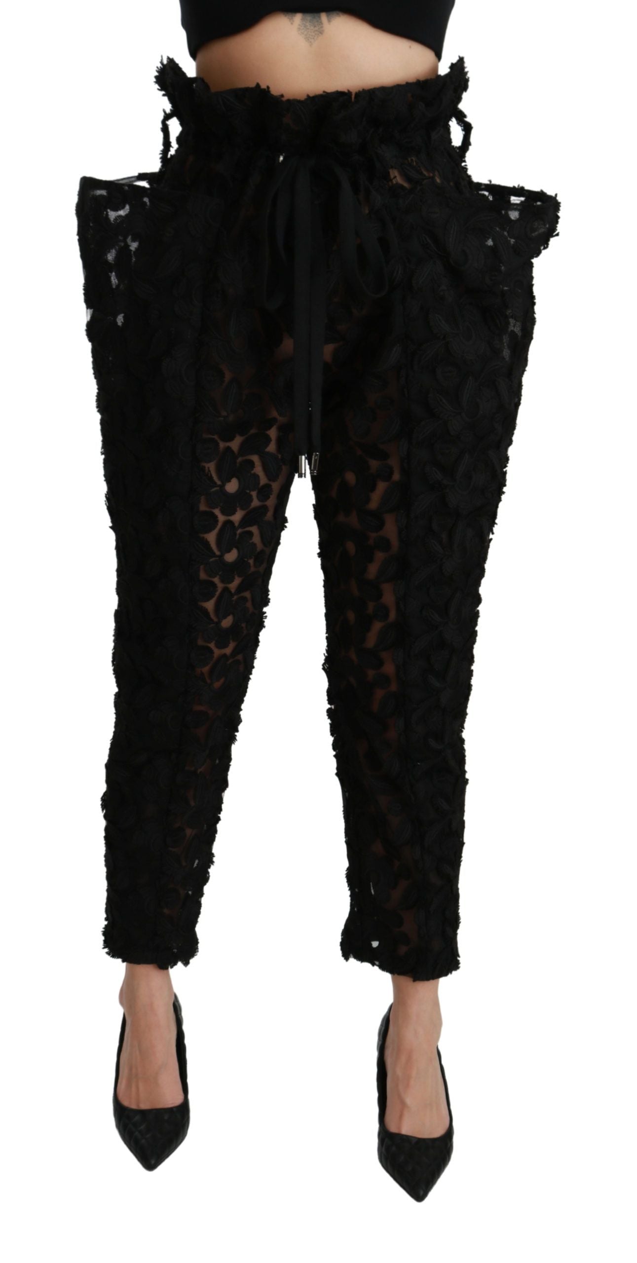 Dolce &amp; Gabbana Black Floral Lace Tapered High Waist Pants