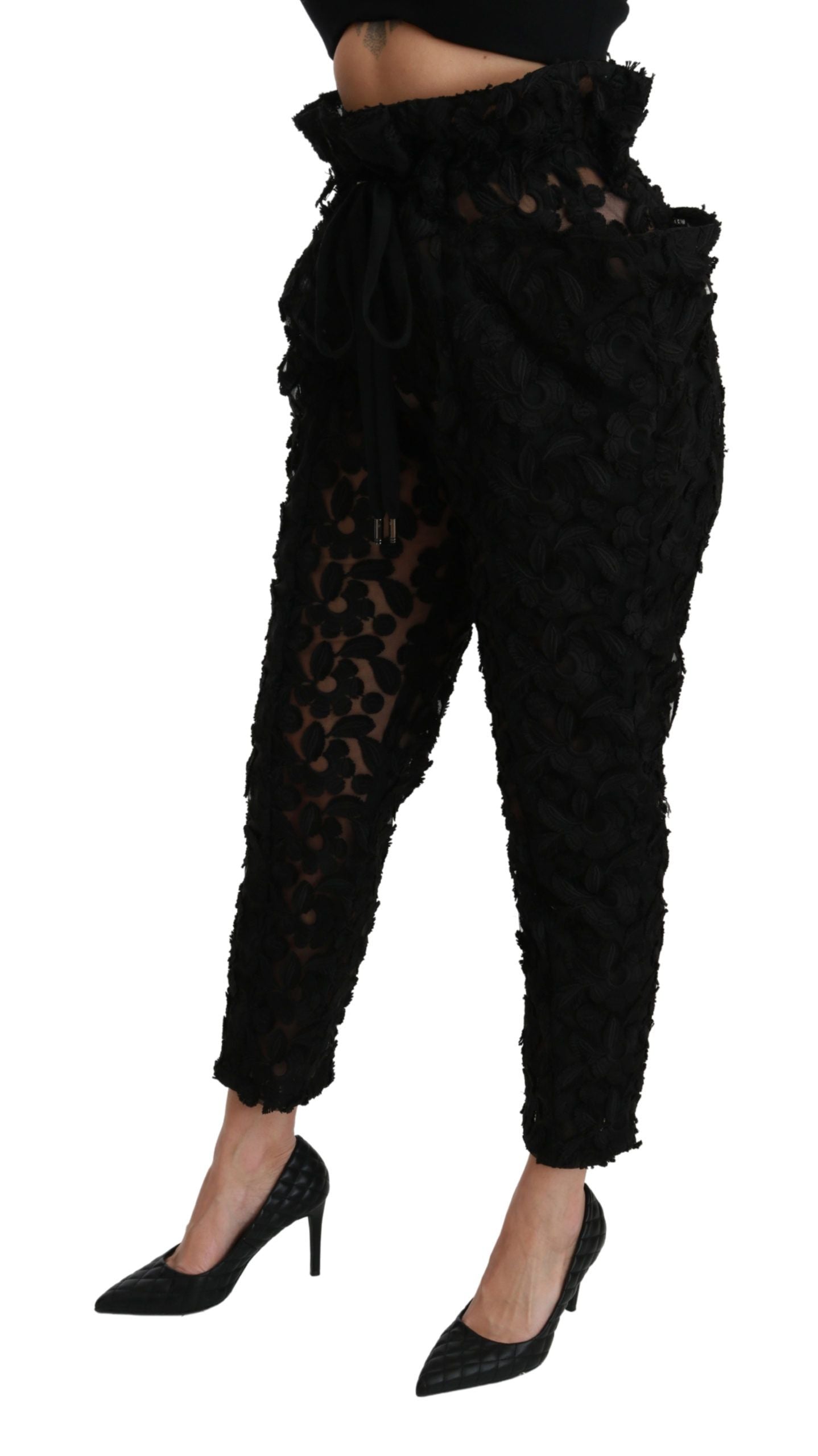 Dolce &amp; Gabbana Black Floral Lace Tapered High Waist Pants