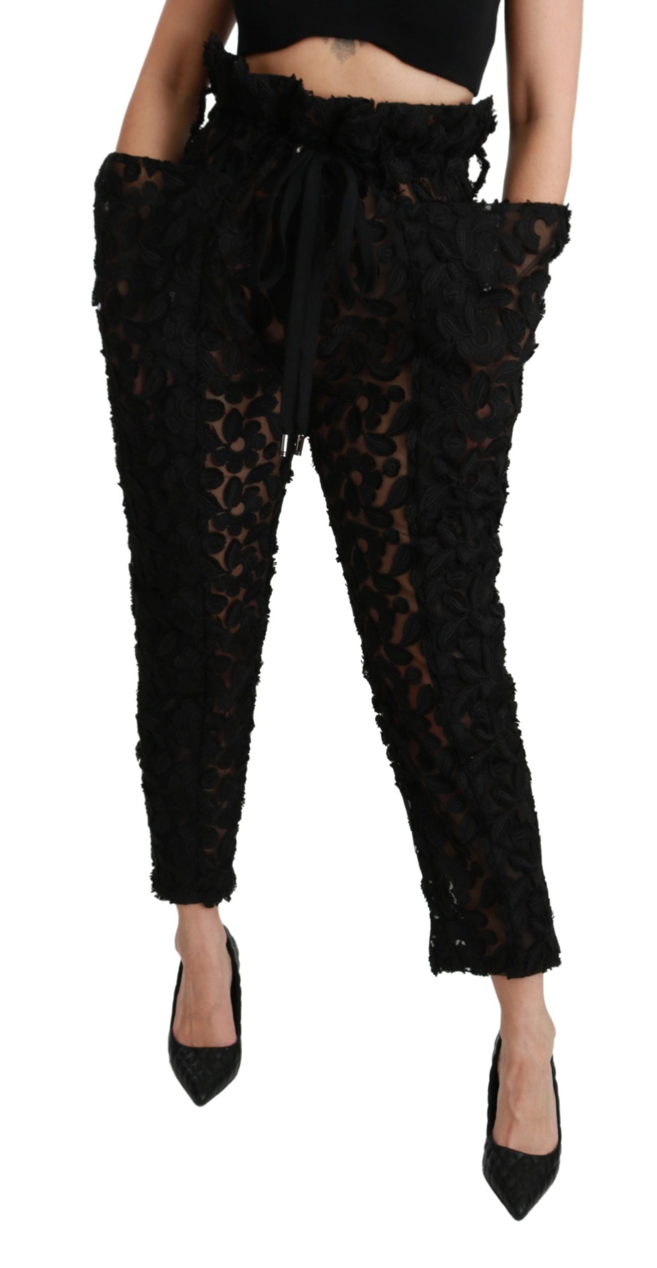 Dolce &amp; Gabbana Black Floral Lace Tapered High Waist Pants