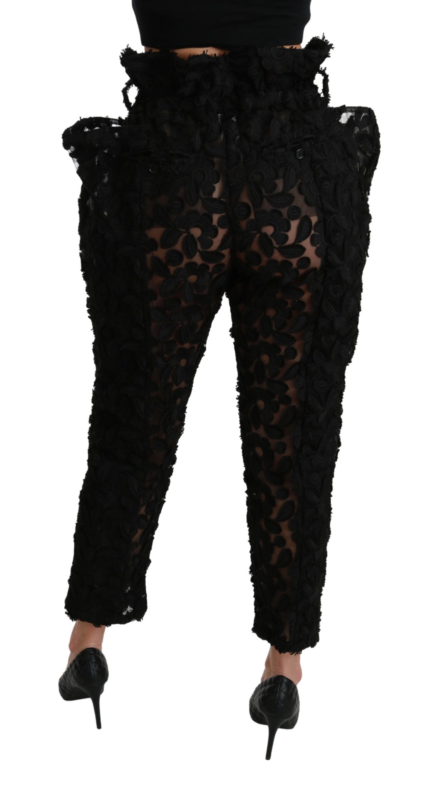 Dolce &amp; Gabbana Black Floral Lace Tapered High Waist Pants