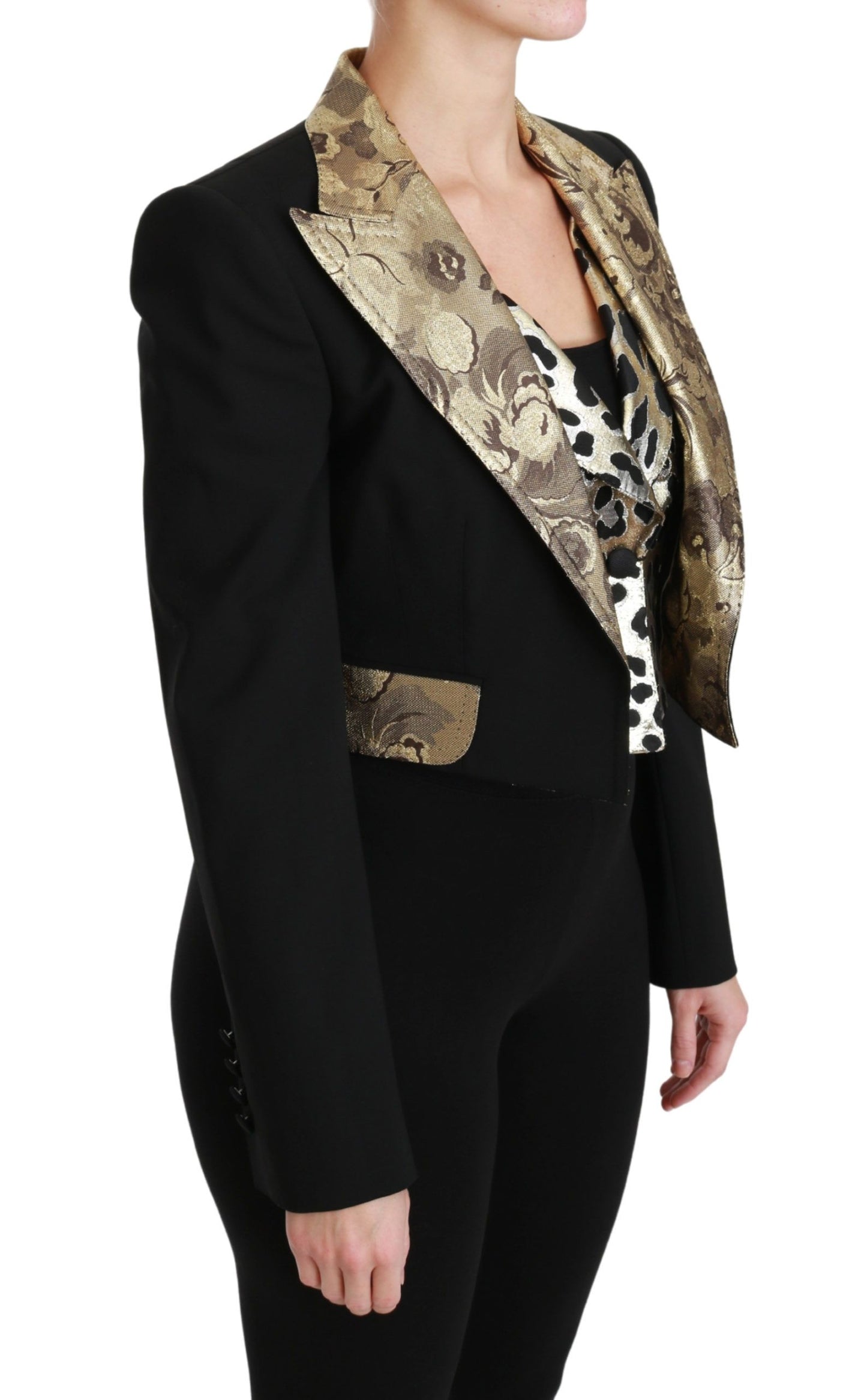 Opulentes Ensemble aus Jacke und Weste in Schwarzgold mit Blumenmuster von Dolce &amp; Gabbana