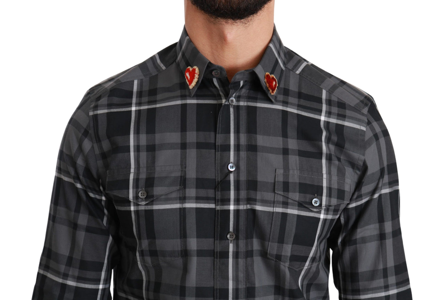 Dolce &amp; Gabbana Gray Checkered Heart Collar MARTINI Shirt