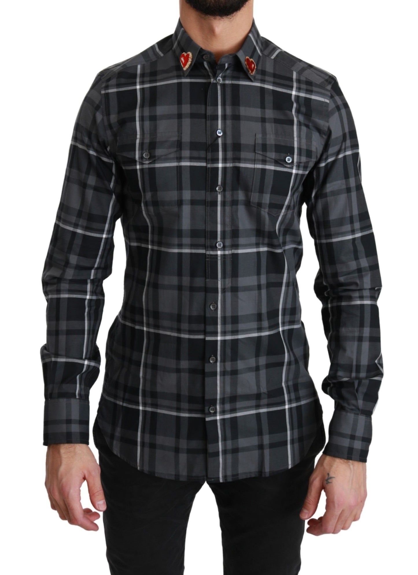 Dolce &amp; Gabbana Gray Checkered Heart Collar MARTINI Shirt