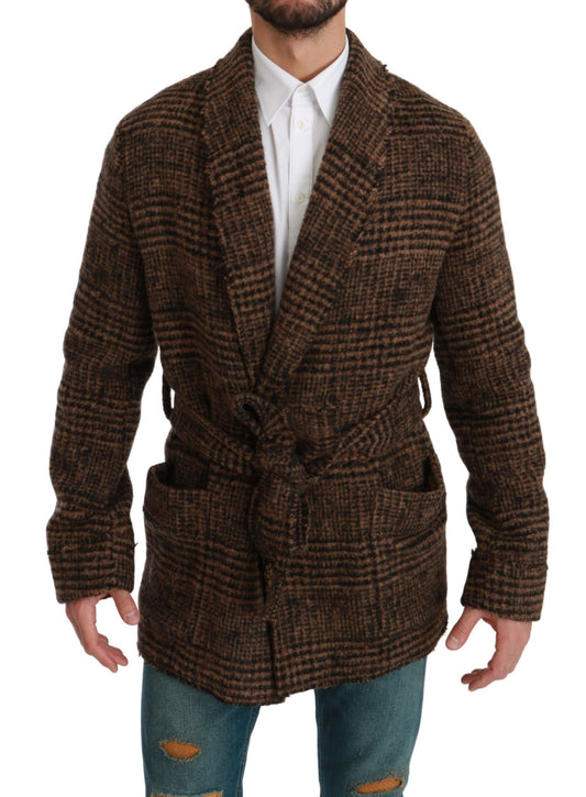 Dolce &amp; Gabbana Brown Checkered Wool Robe Coat Wrap Jacket