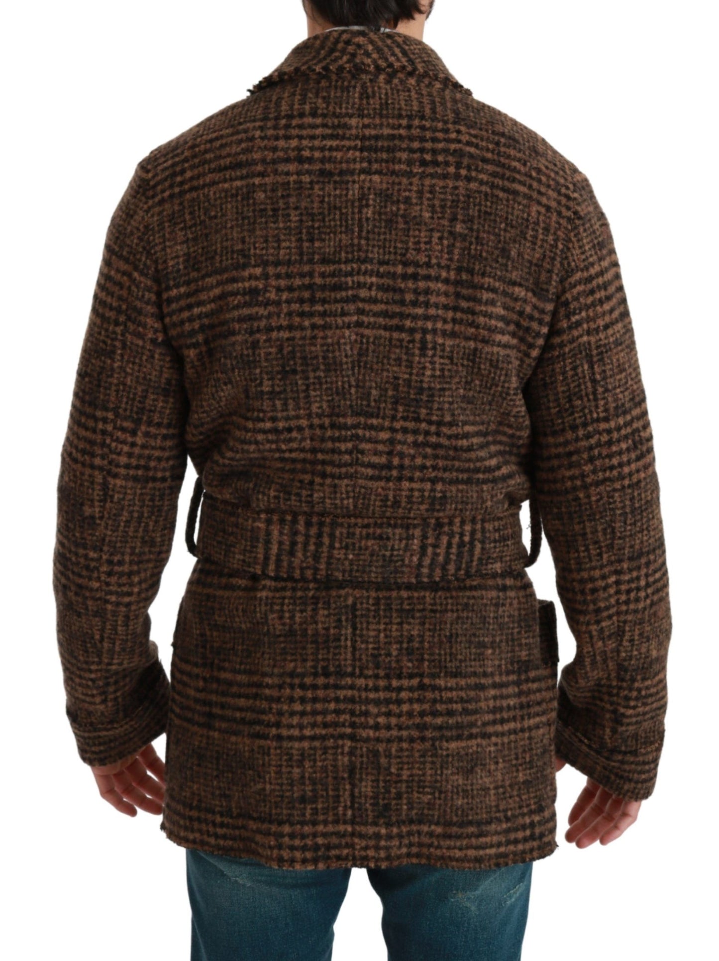 Dolce &amp; Gabbana Brown Checkered Wool Robe Coat Wrap Jacket