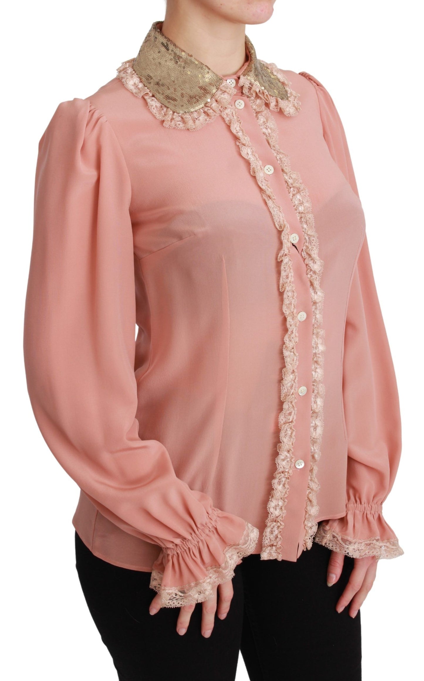 Dolce & Gabbana Elegant Pink Lace Silk Blouse with Gold Sequins