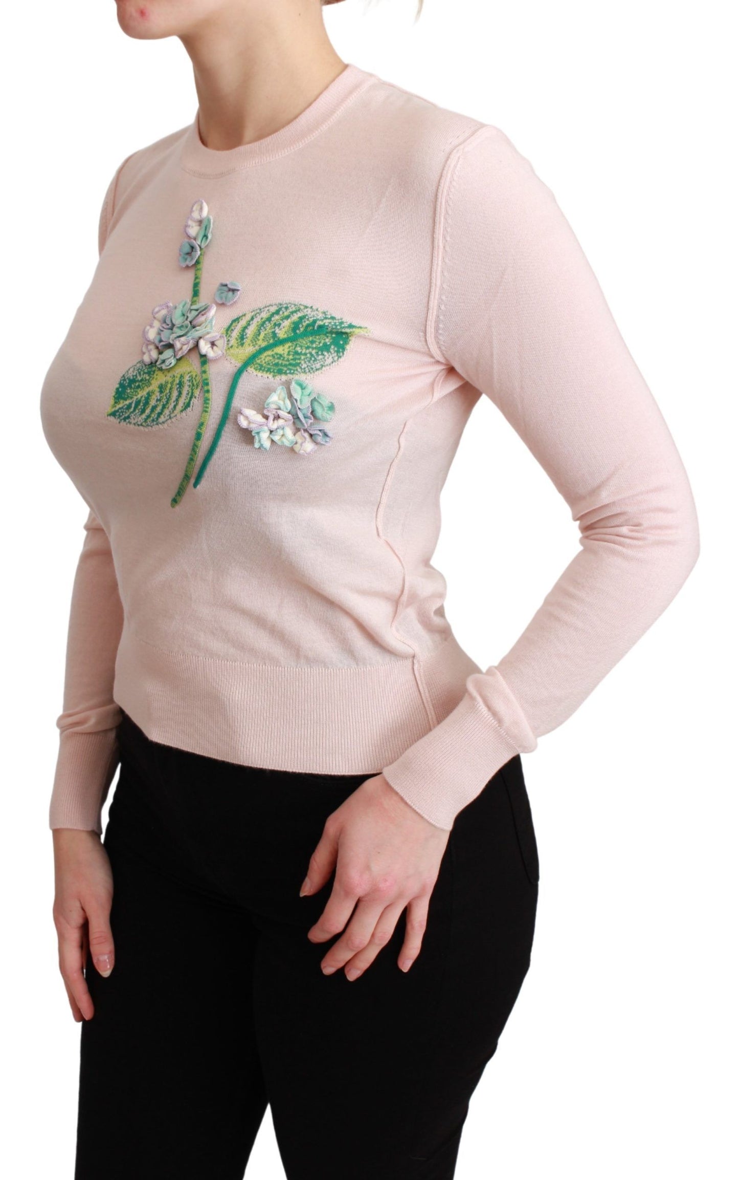 Dolce &amp; Gabbana Pink Floral Silk Cashmere Pullover Sweater