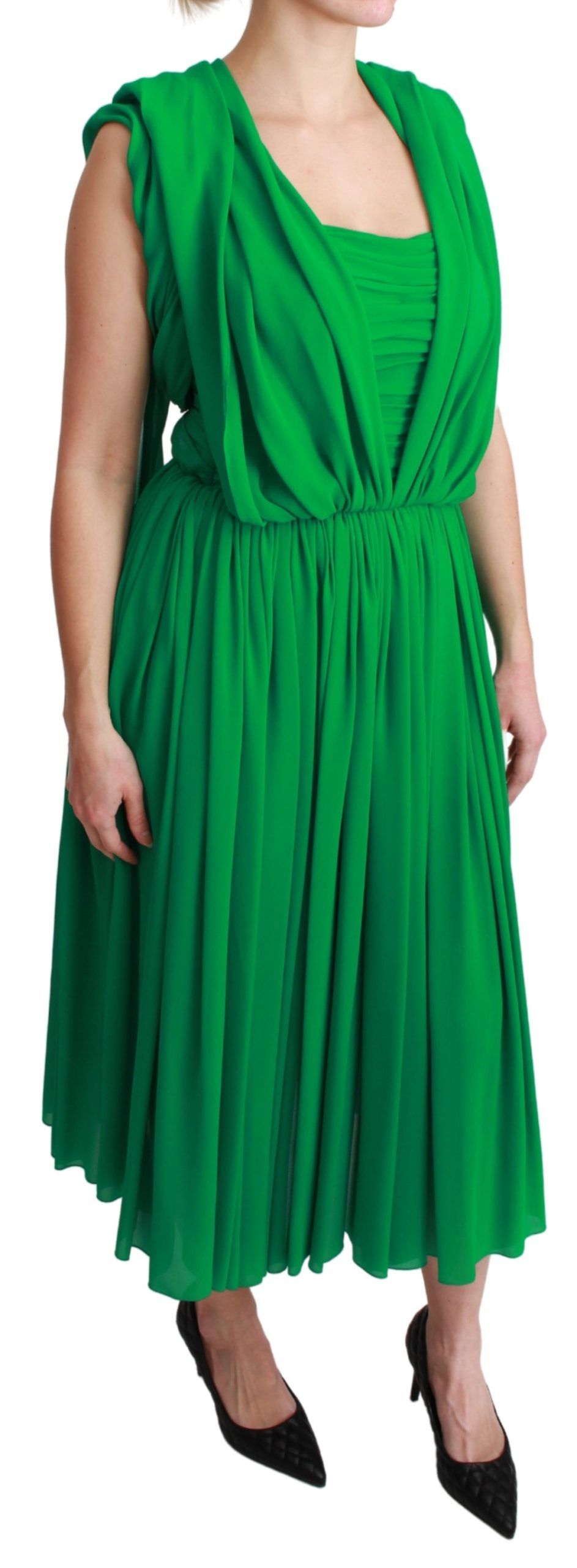 Dolce &amp; Gabbana 100% Silk Green Sleeveless Pleated Maxi Dress