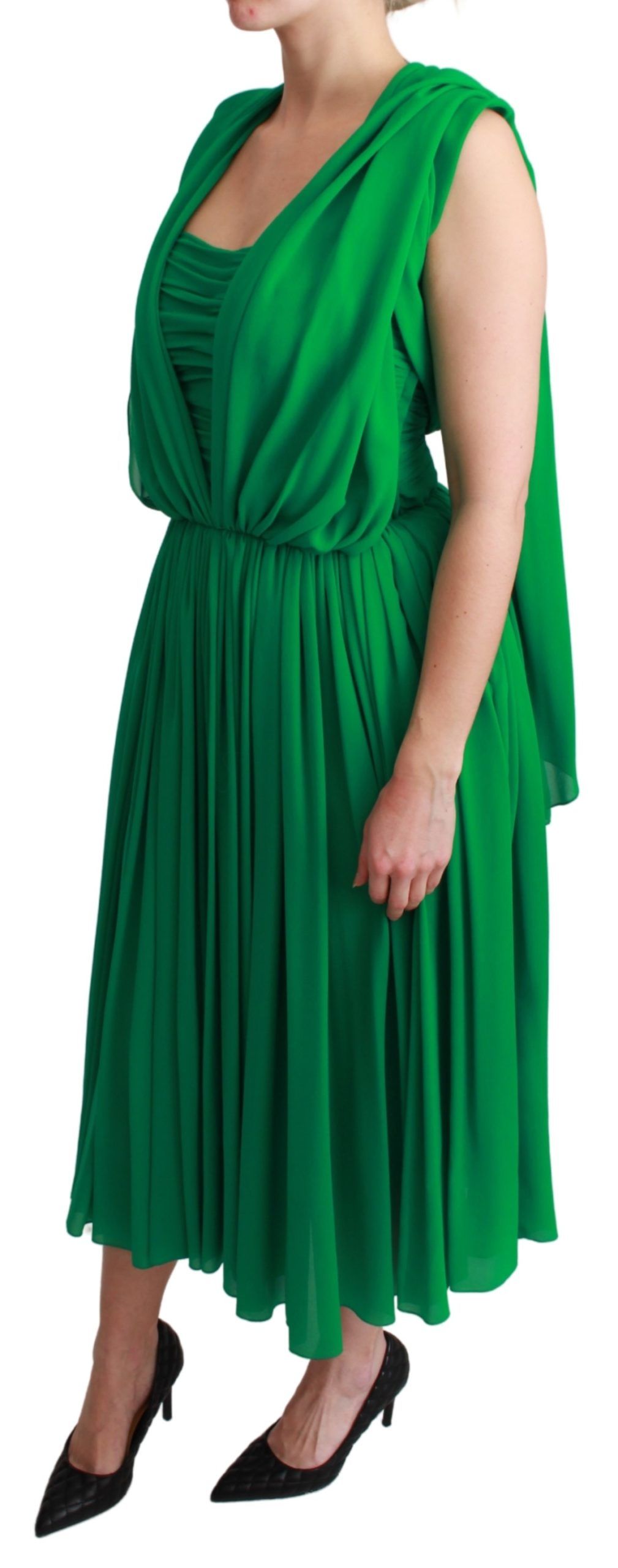 Dolce &amp; Gabbana 100% Silk Green Sleeveless Pleated Maxi Dress