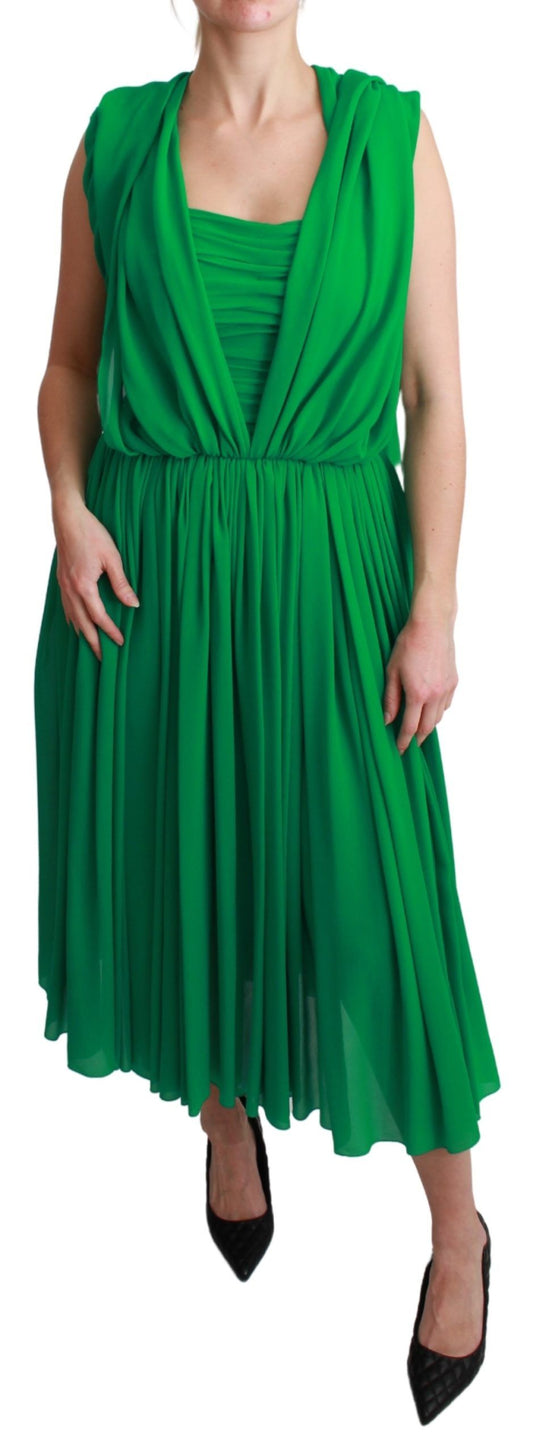 Dolce &amp; Gabbana 100% Silk Green Sleeveless Pleated Maxi Dress