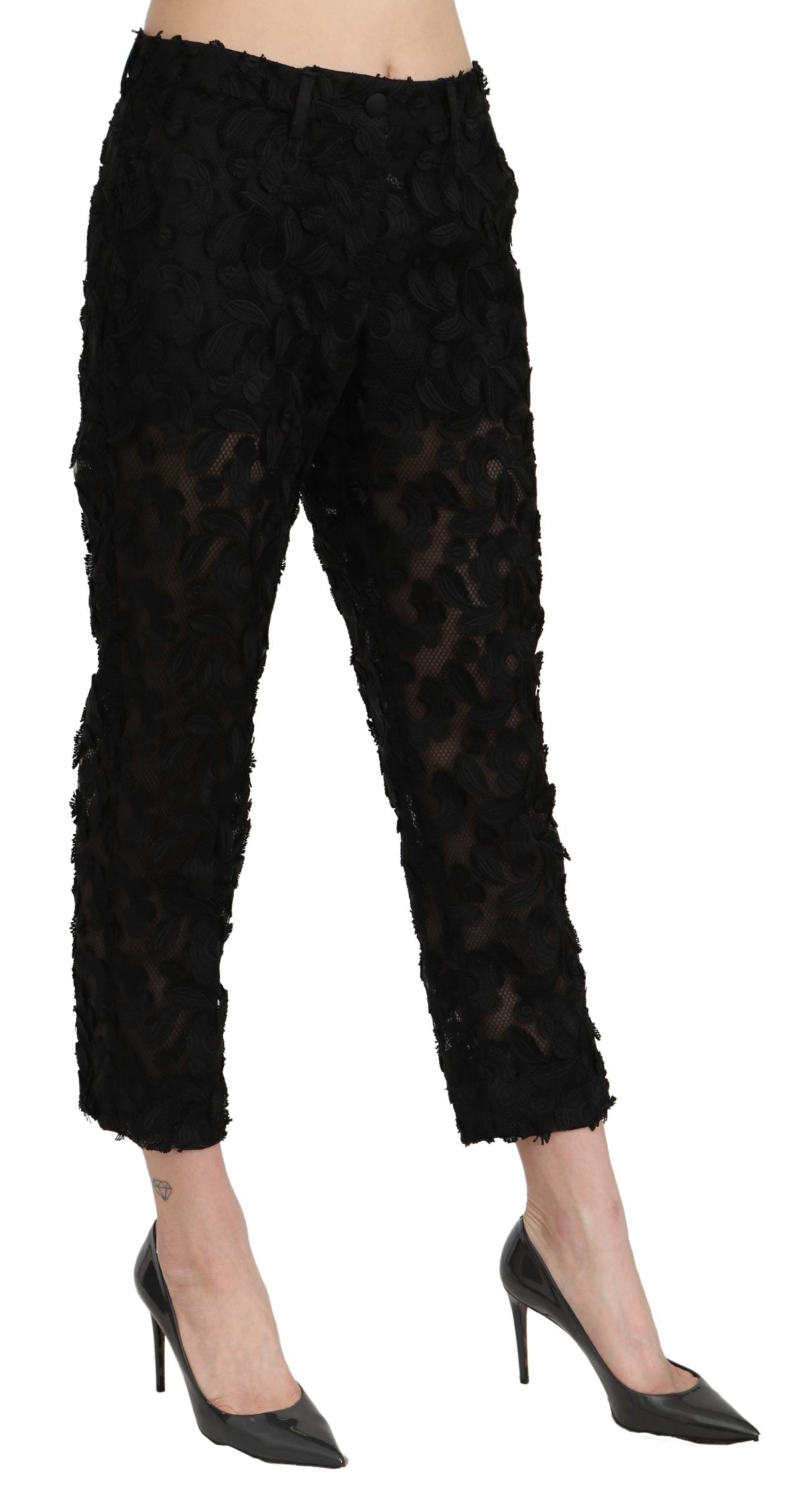 Dolce &amp; Gabbana Black Lace Straight Cropped High Waist Pants