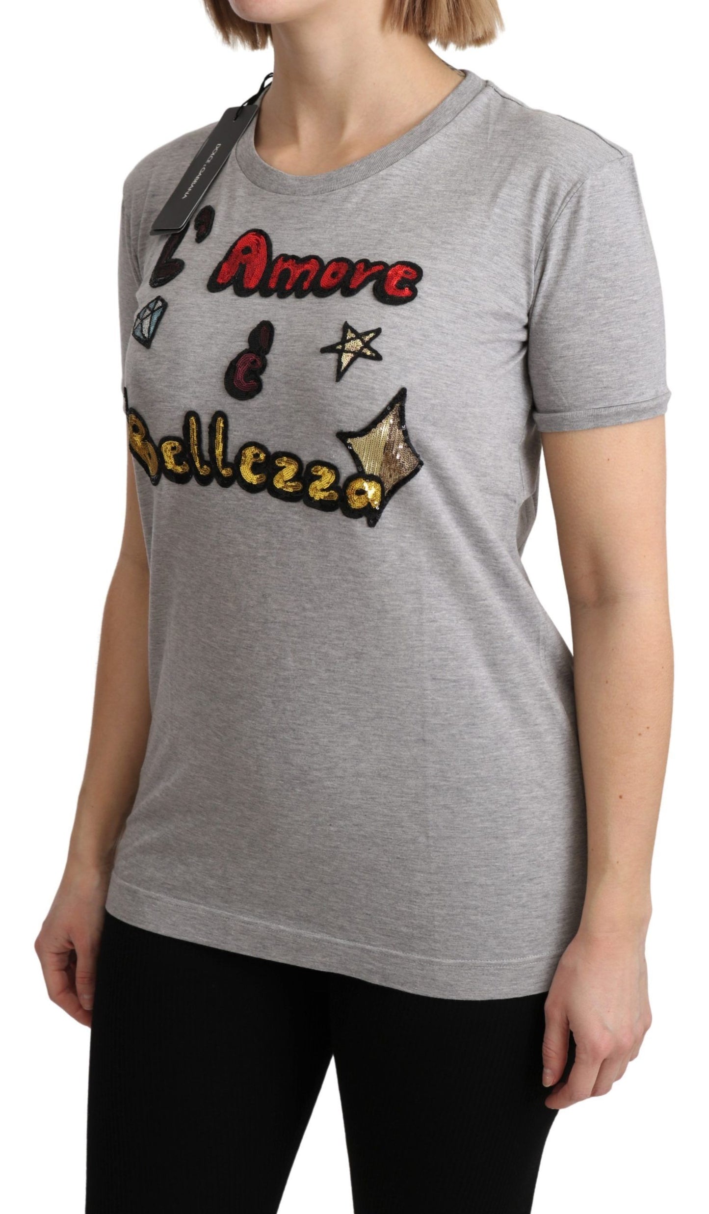 Dolce &amp; Gabbana Gray Cotton Love and Beauty Top T-shirt