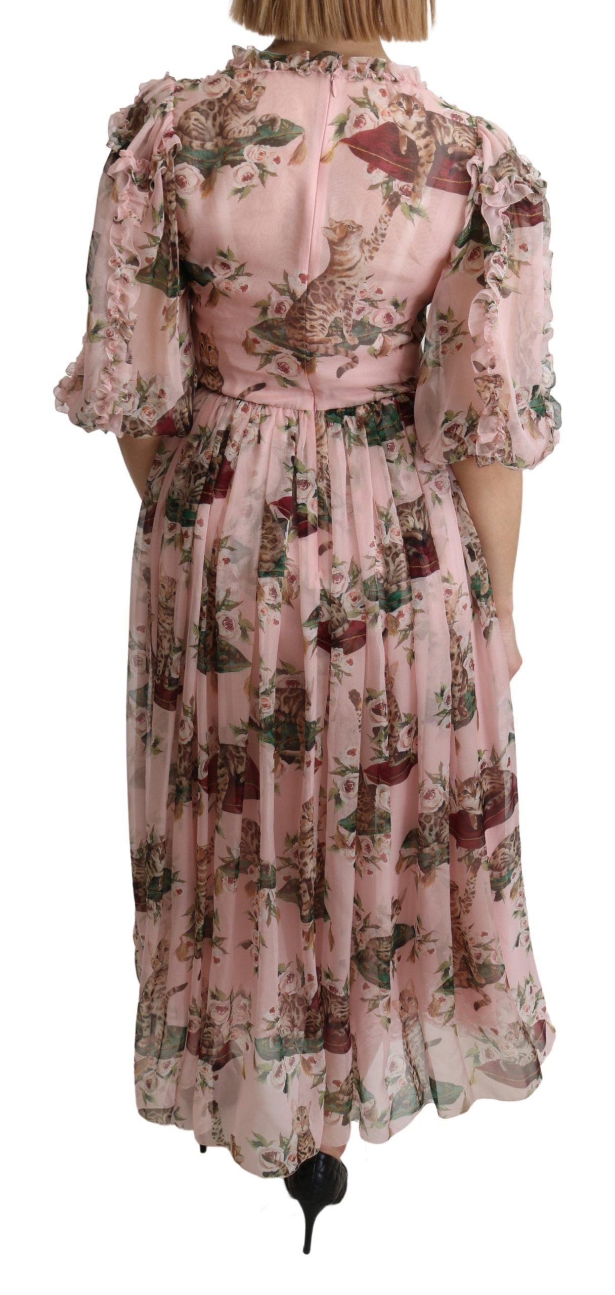 Dolce &amp; Gabbana Pink Bengal Cat Print A-line Maxi Silk Dress