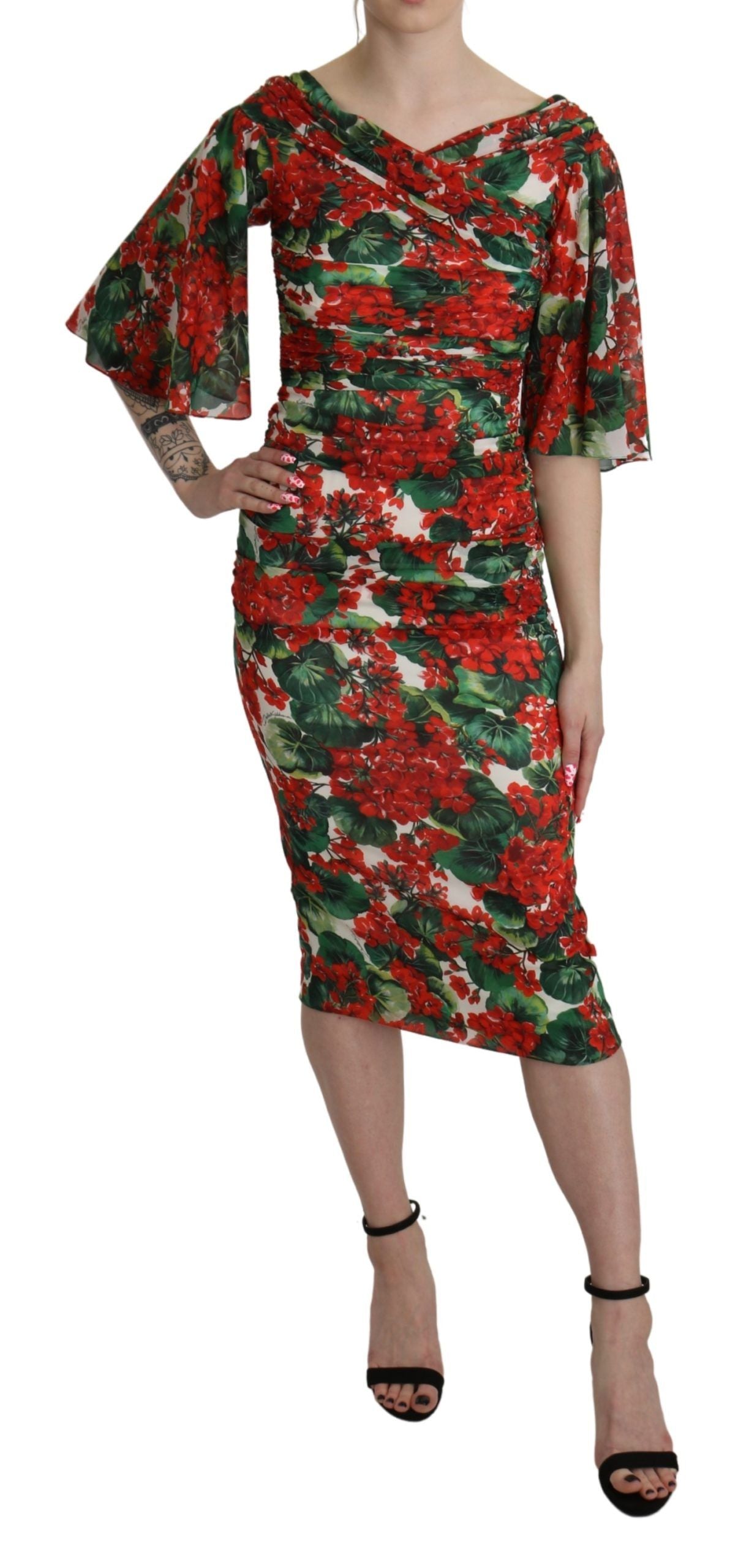 Dolce &amp; Gabbana Red Floral Sheath Midi Silk Stretch Dress